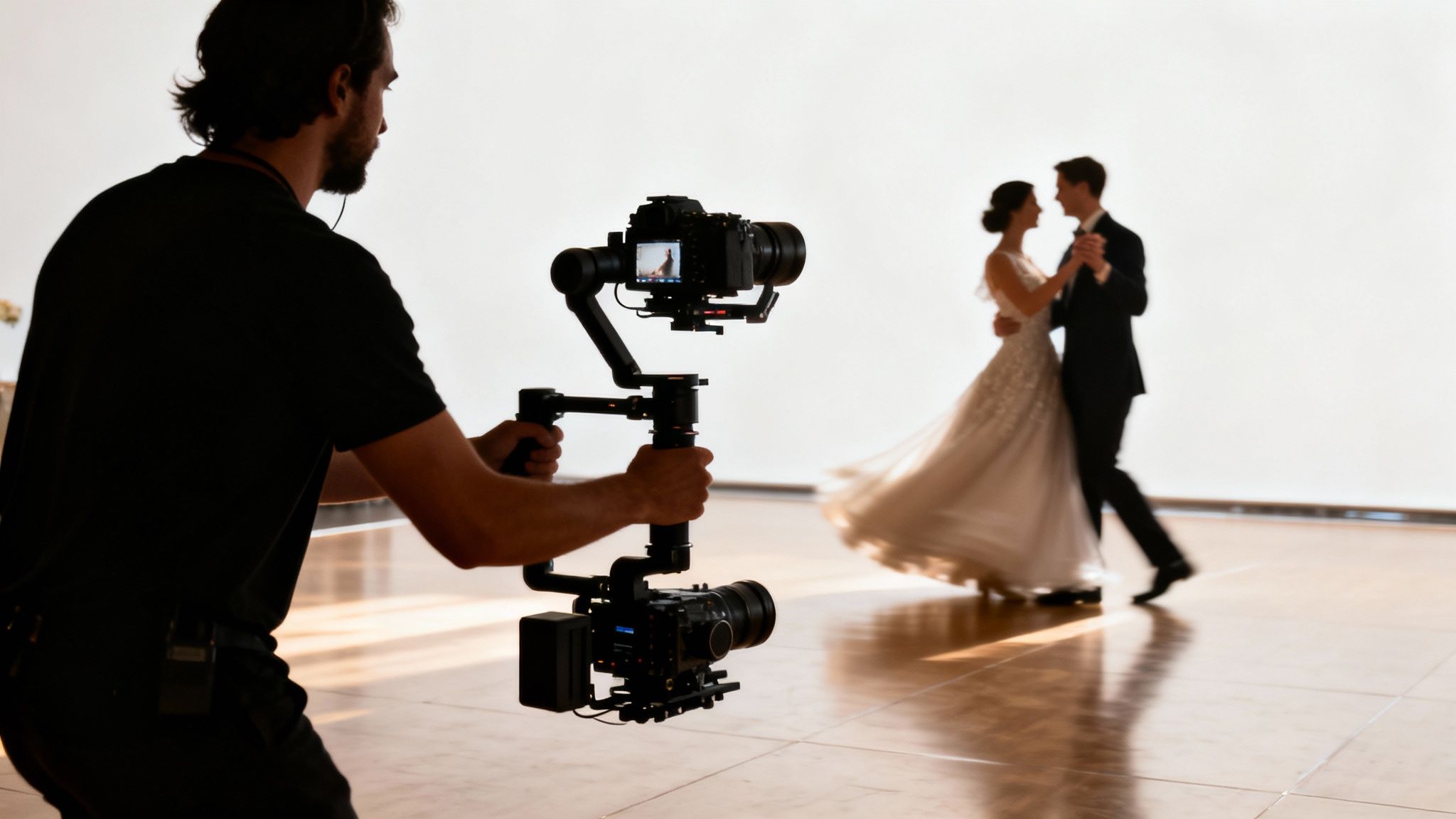 Professional videographer captures a dancing wedding couple with a stabilized camera setup.