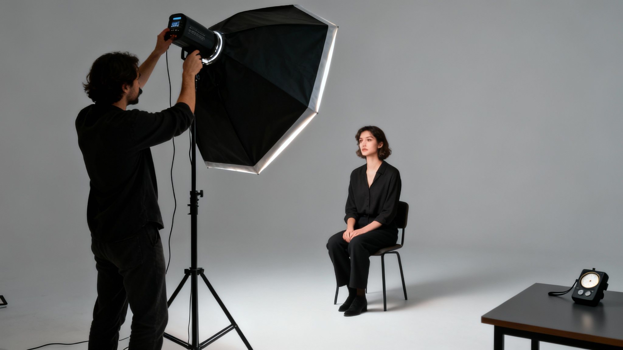 A photographer adjusts a softbox light while a female model sits during a studio photoshoot.