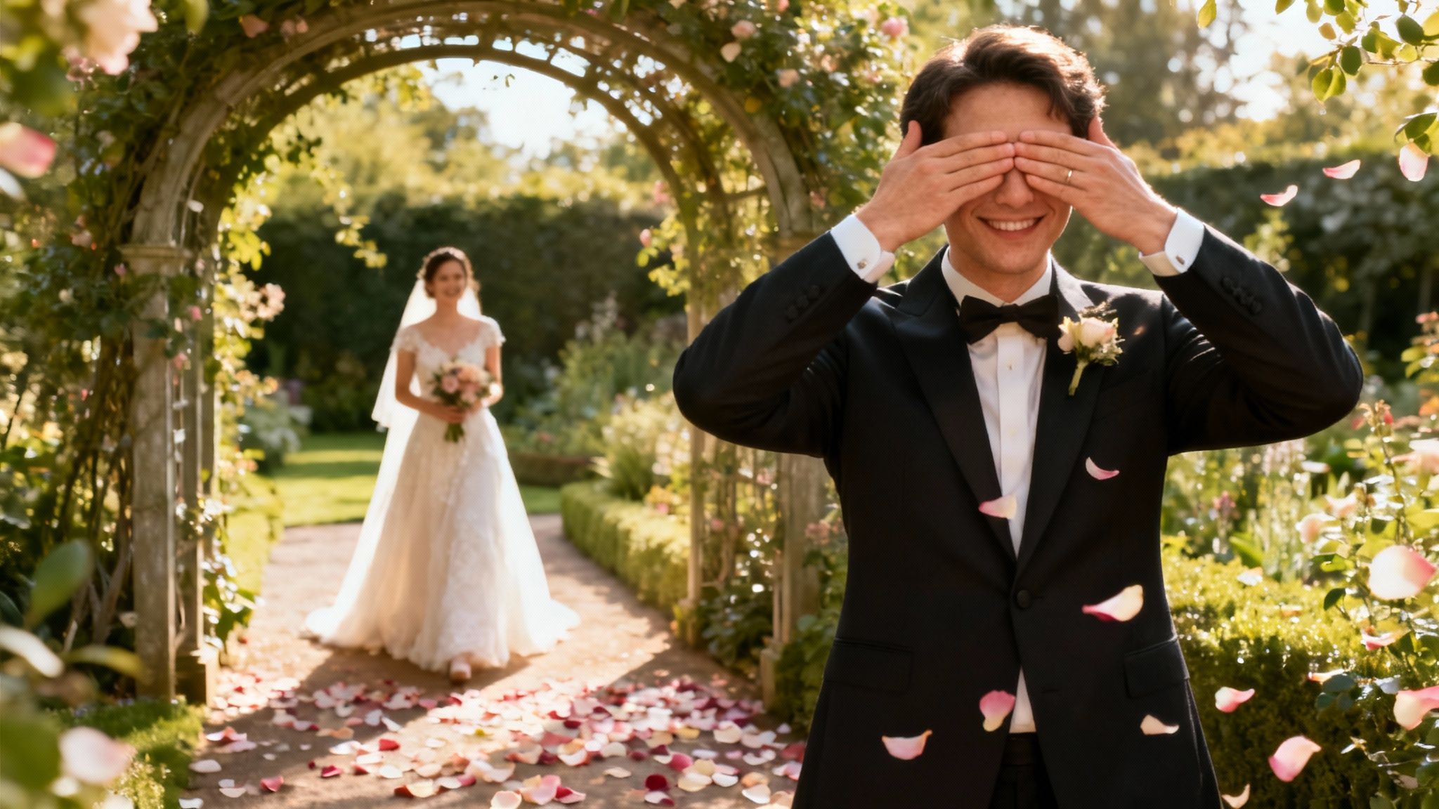 6 Wedding Photography Timeline Templates for 2025 4 A bride and groom sharing an emotional first look moment before their wedding ceremony.