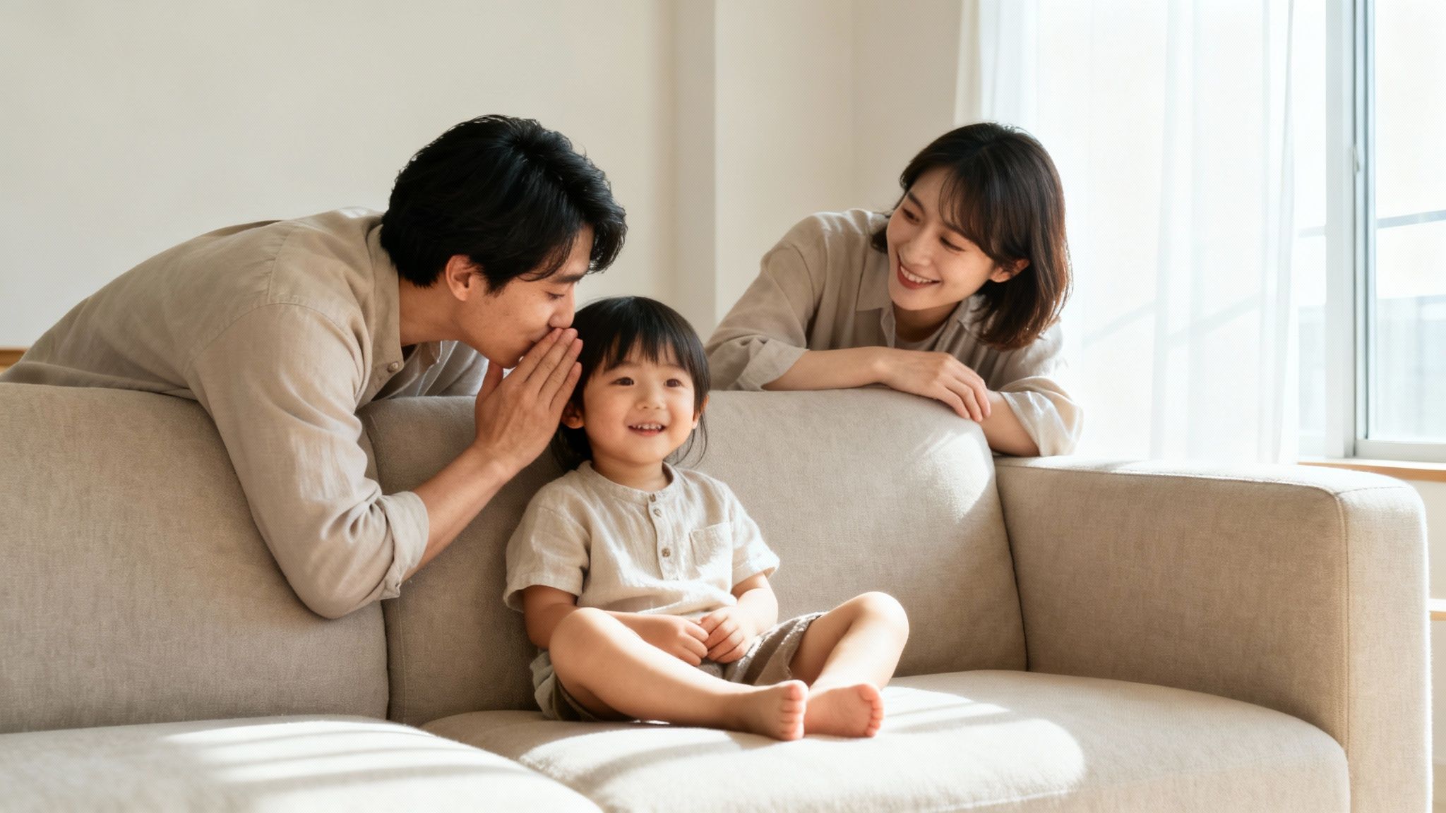 A happy Asian family on a sofa, father whispering to child, mother smiling warmly.