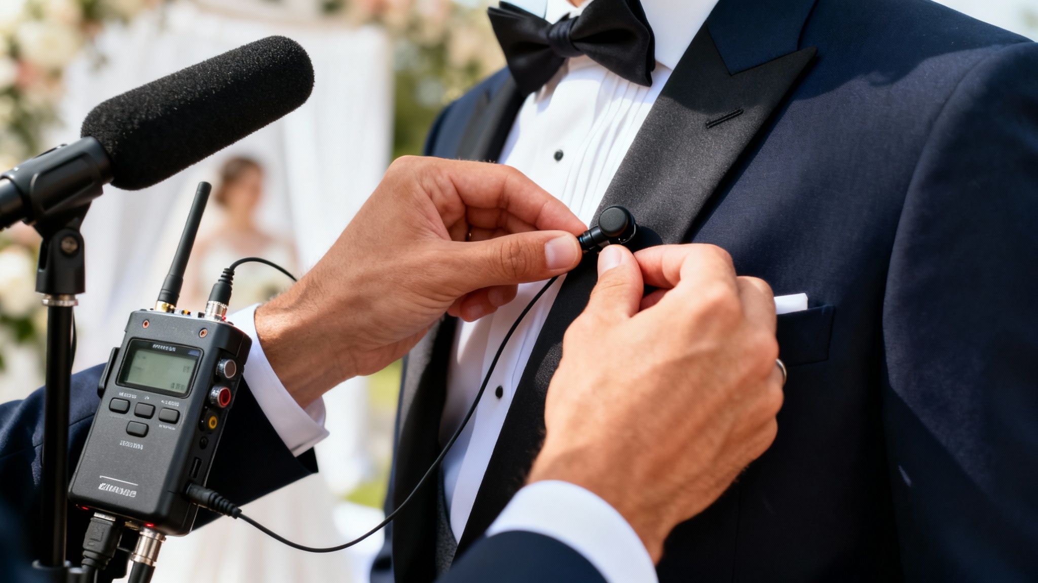 Close-up of hands attaching a lapel microphone to a groom's tuxedo lapel at a wedding.