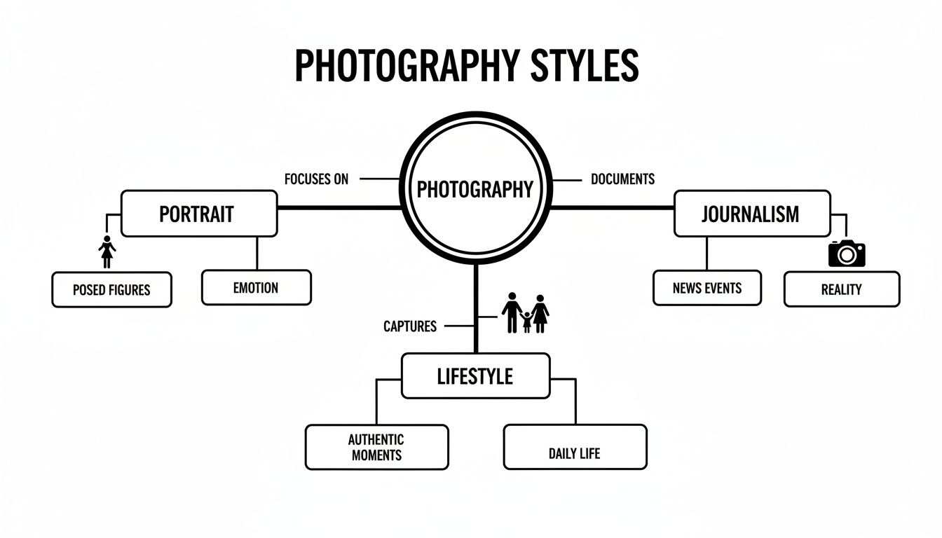 A mind map illustrating photography styles: Portrait, Journalism, and Lifestyle, with their key characteristics.