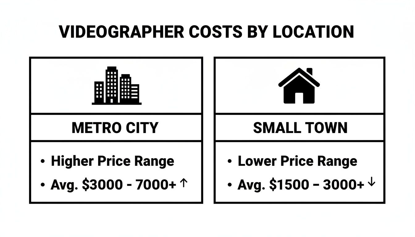 Chart comparing videographer costs by location, showing higher prices in metro cities and lower in small towns.