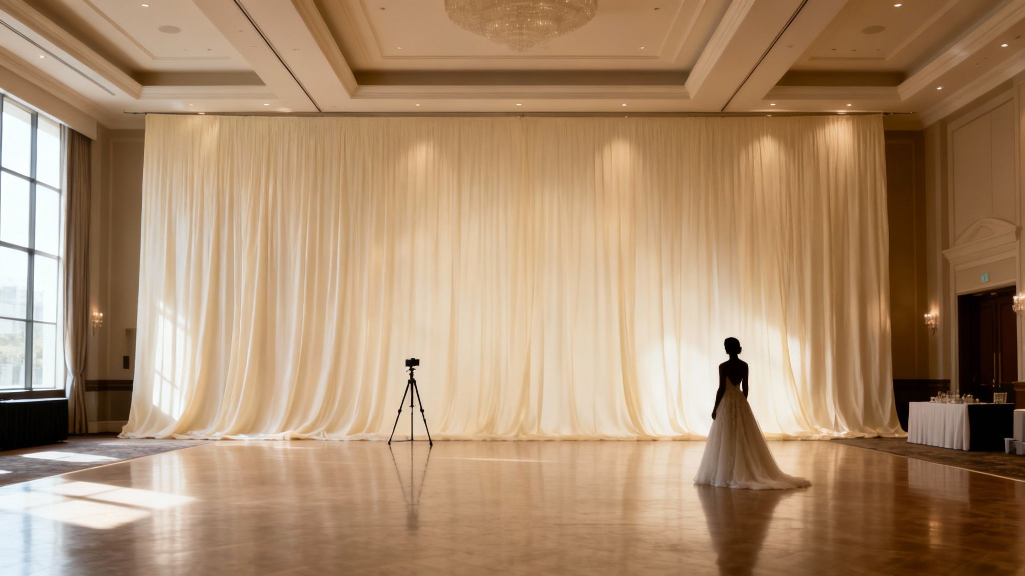 A bride in a wedding dress stands before a fabric backdrop and a camera on a tripod in a ballroom.