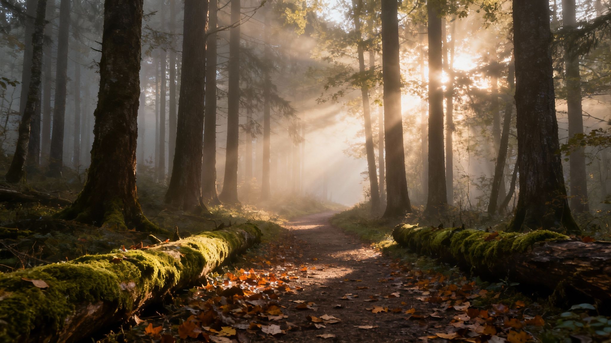 best photo locations near me: top spots for your shoot 10 Sun rays pierce through a foggy autumn forest, illuminating a path lined with mossy logs and fallen leaves.