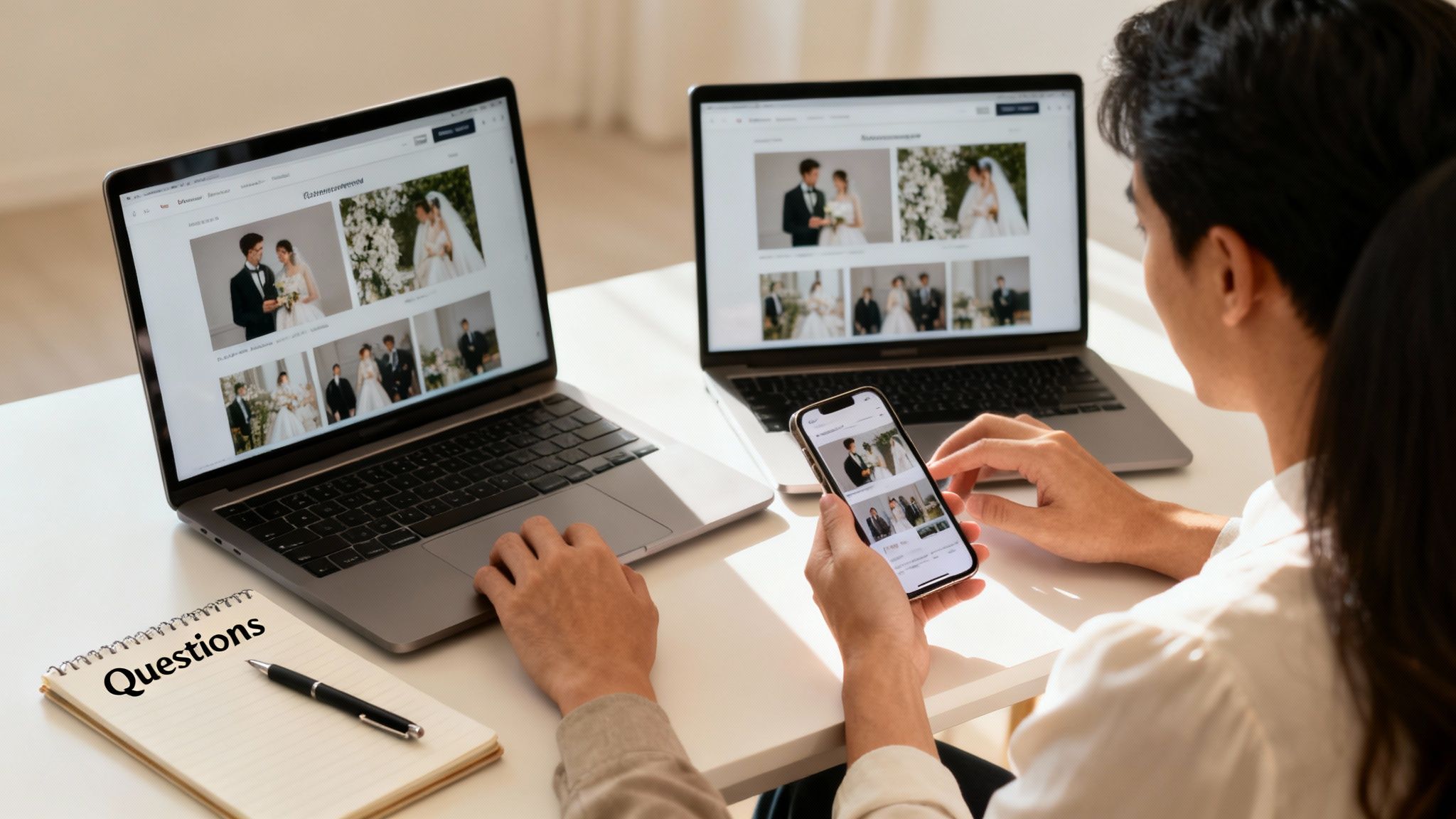 A couple researches wedding photos and ideas on two laptops and a smartphone, with a notebook for questions.