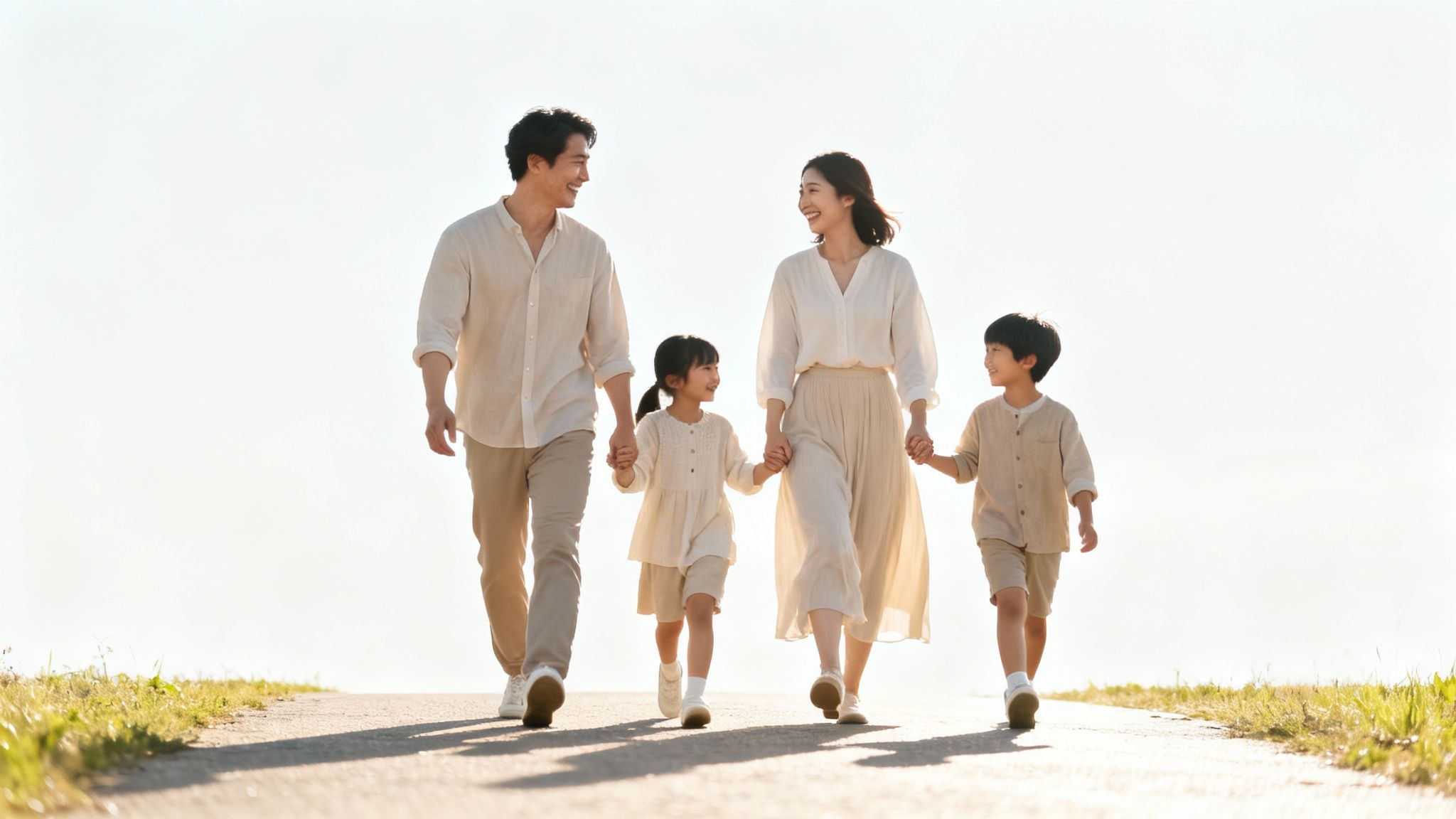 A happy Asian family, including parents and two children, walks outdoors holding hands and smiling.