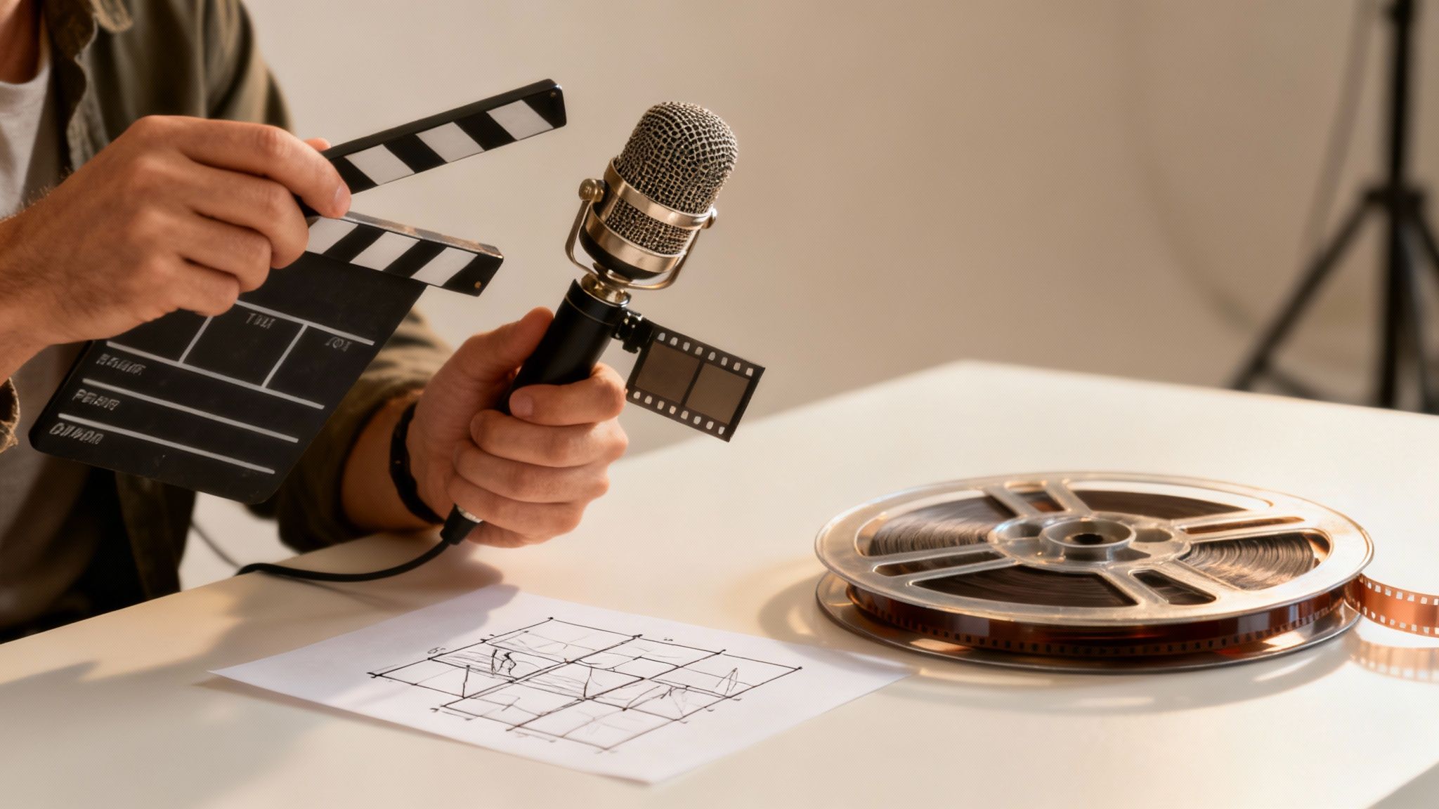 A professional video production crew filming a scene in a modern office setting.