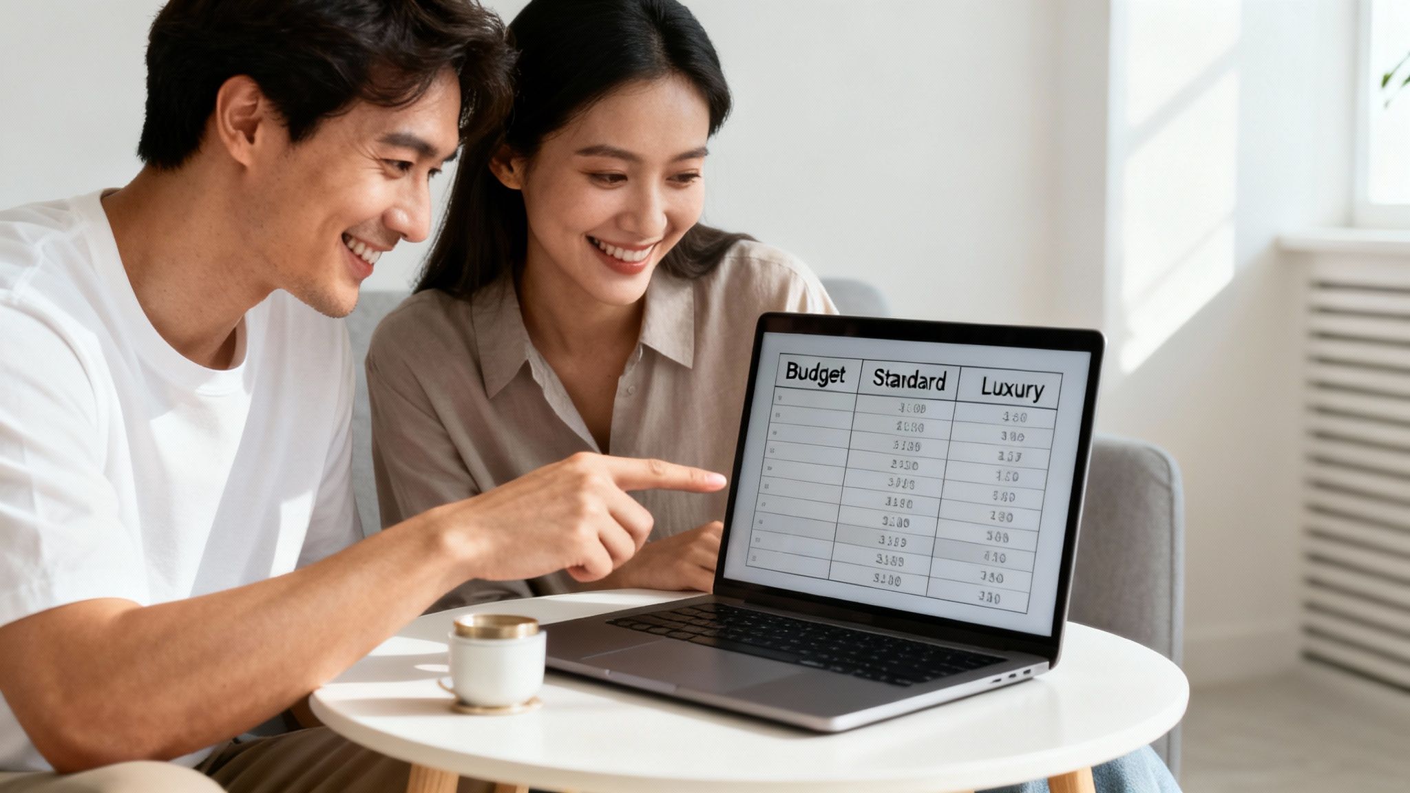 Happy Asian couple smiles while looking at a laptop displaying a spreadsheet with budget options.