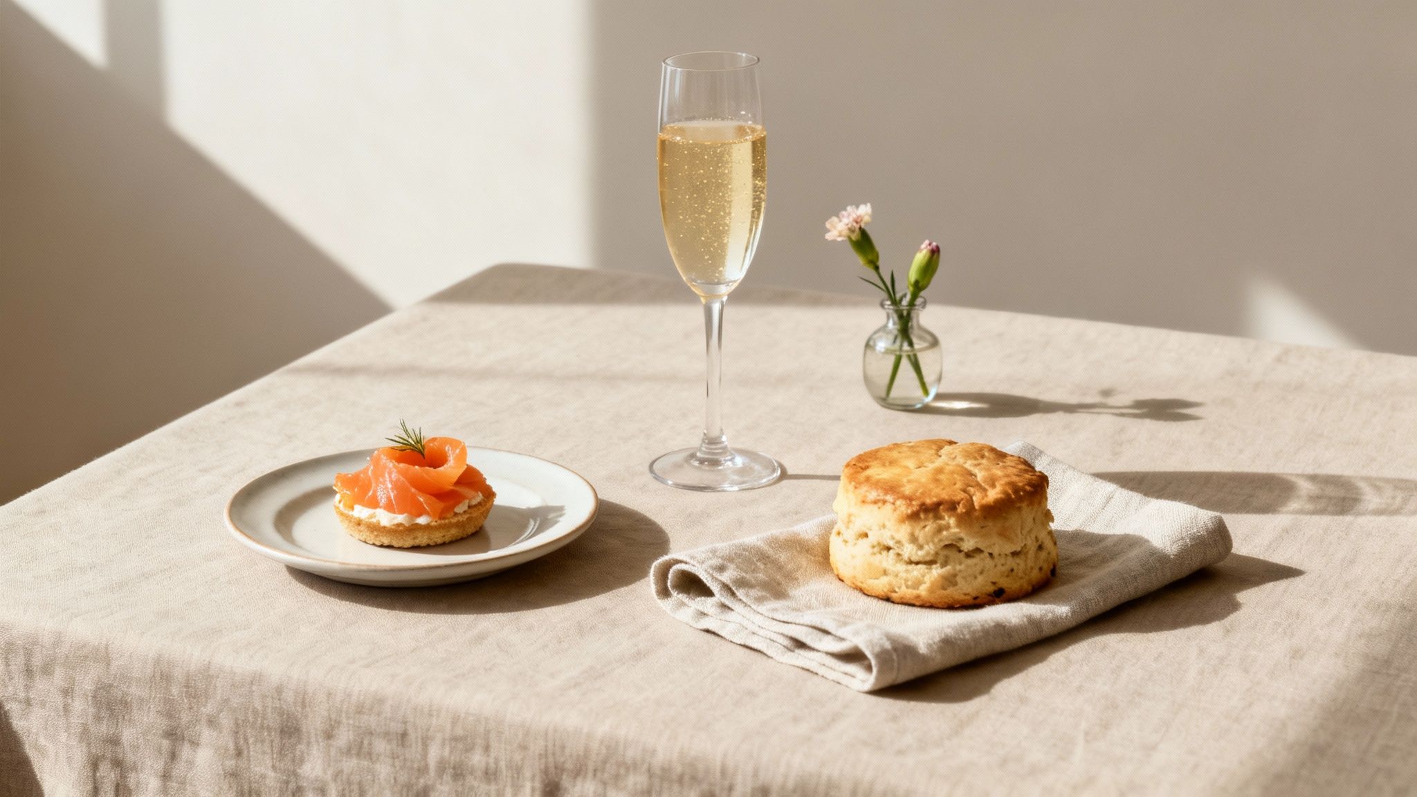 A gourmet spread features a salmon canapé, champagne flute, and scone on a linen tablecloth.