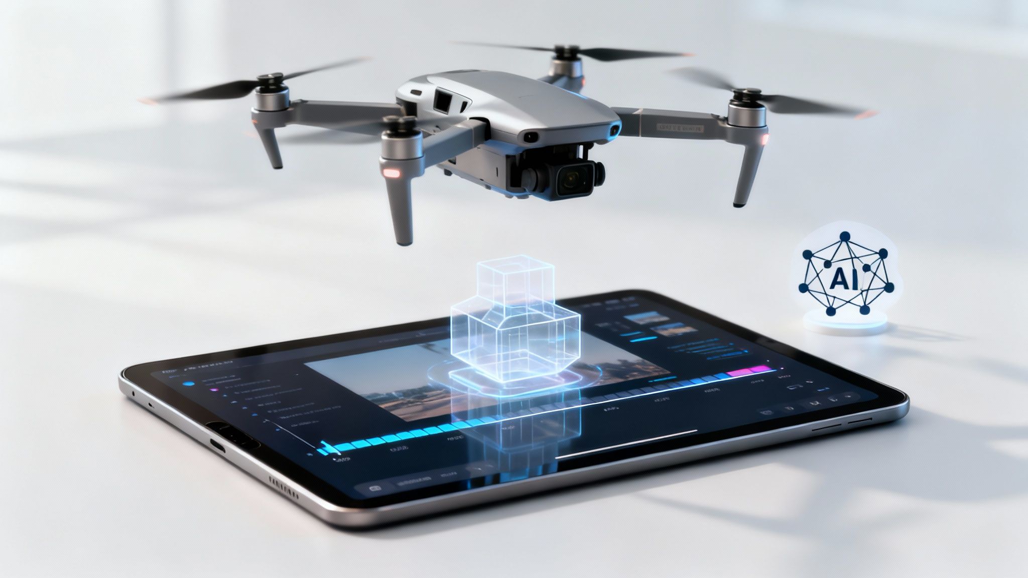 A drone hovers above a tablet displaying video editing software with glowing data and an AI icon.