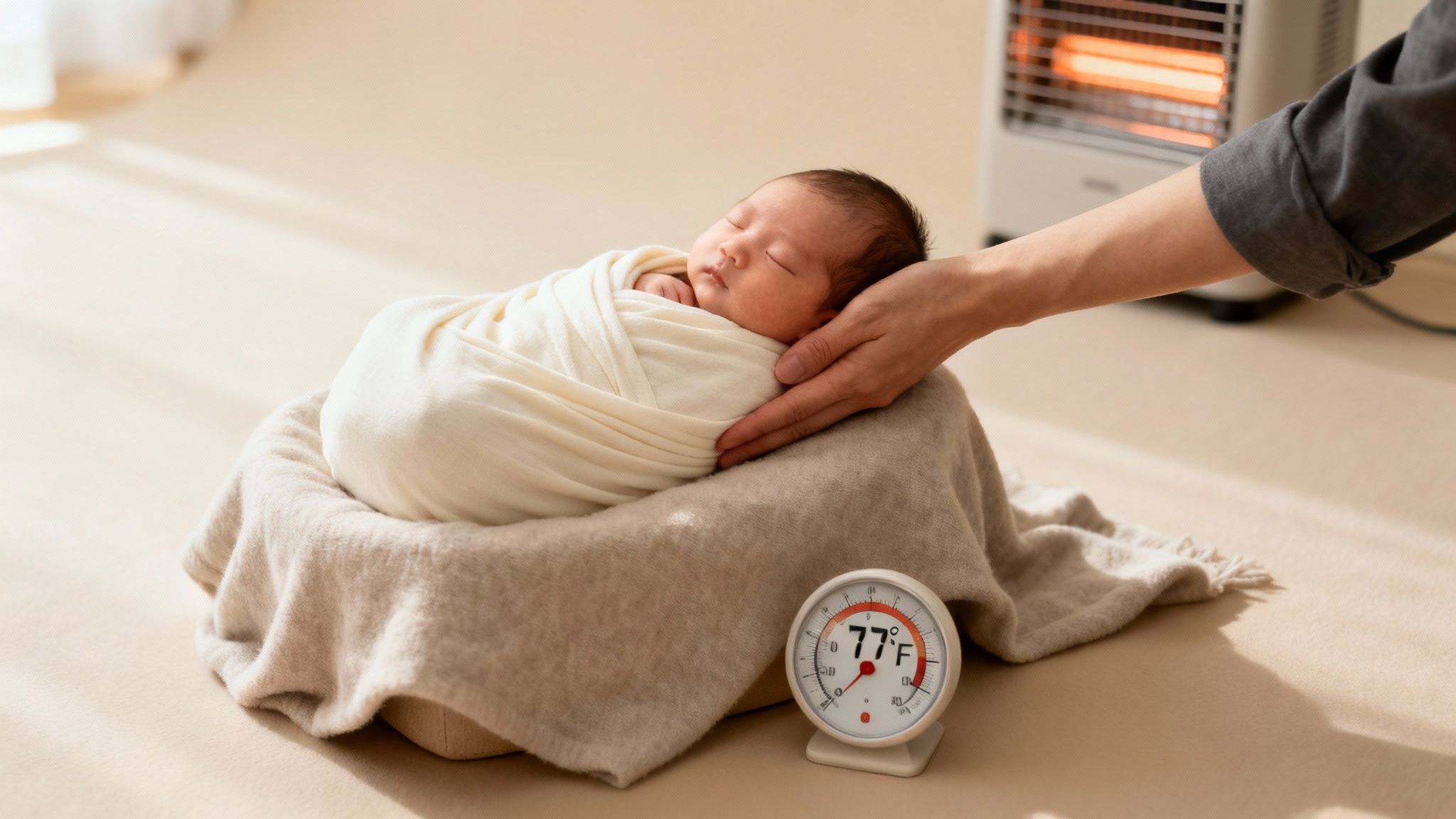 A peacefully sleeping newborn baby, swaddled in a warm environment, with a hand and a 77°F thermometer visible.