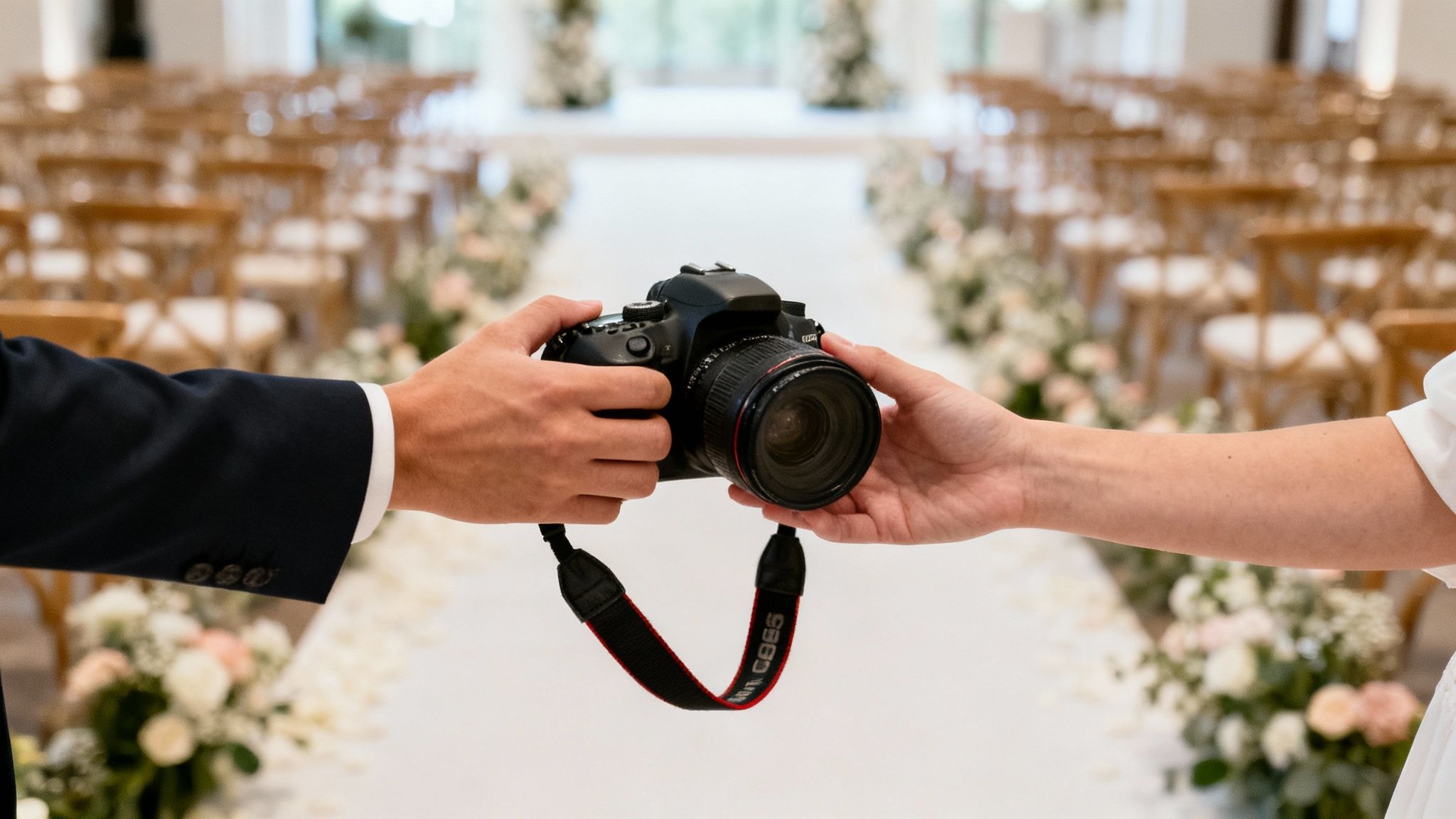 Two hands, one in a suit, hold a DSLR camera in a beautifully decorated wedding aisle.
