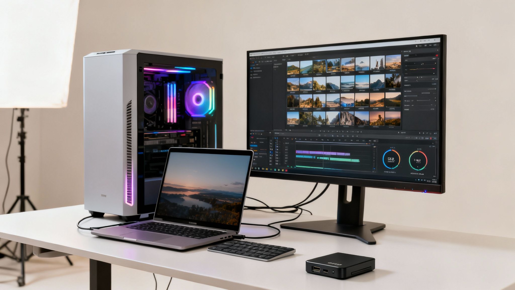 A powerful desktop PC setup with a large monitor, laptop, and peripherals on a white desk.