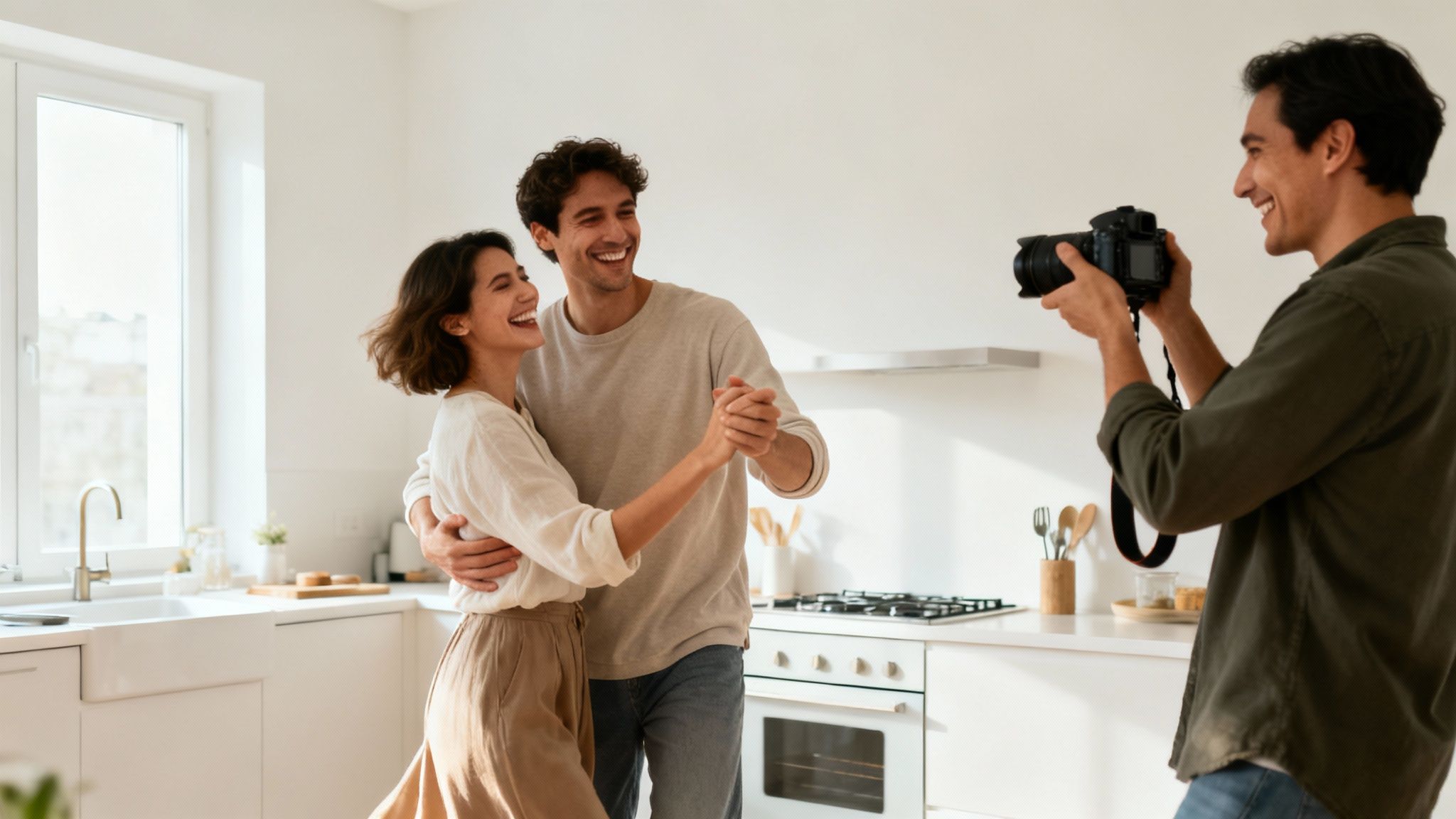 Smiling photographer captures a happy couple dancing playfully in their modern white kitchen.
