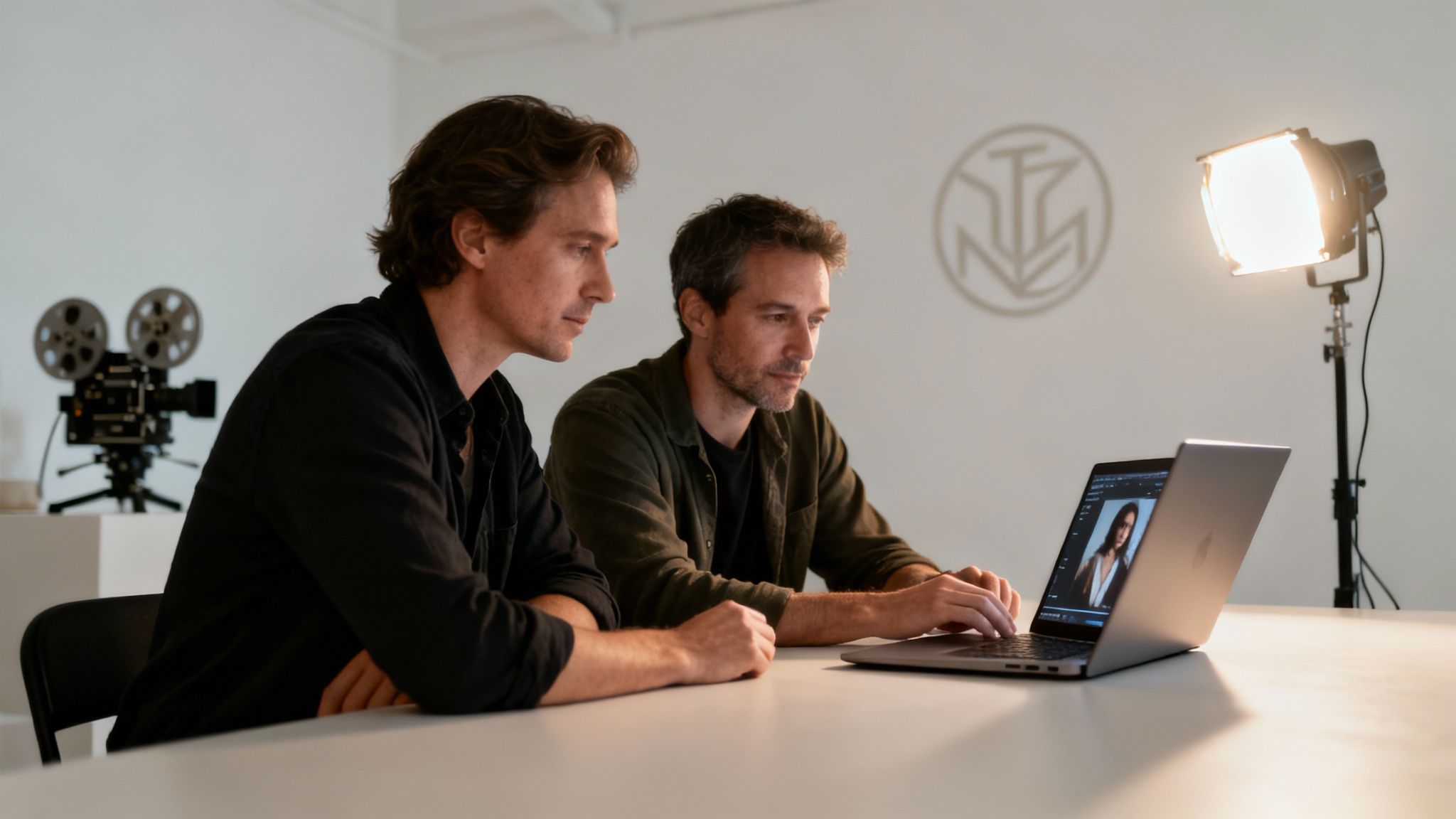 Two professionals reviewing content on a laptop in a studio setting with production equipment.