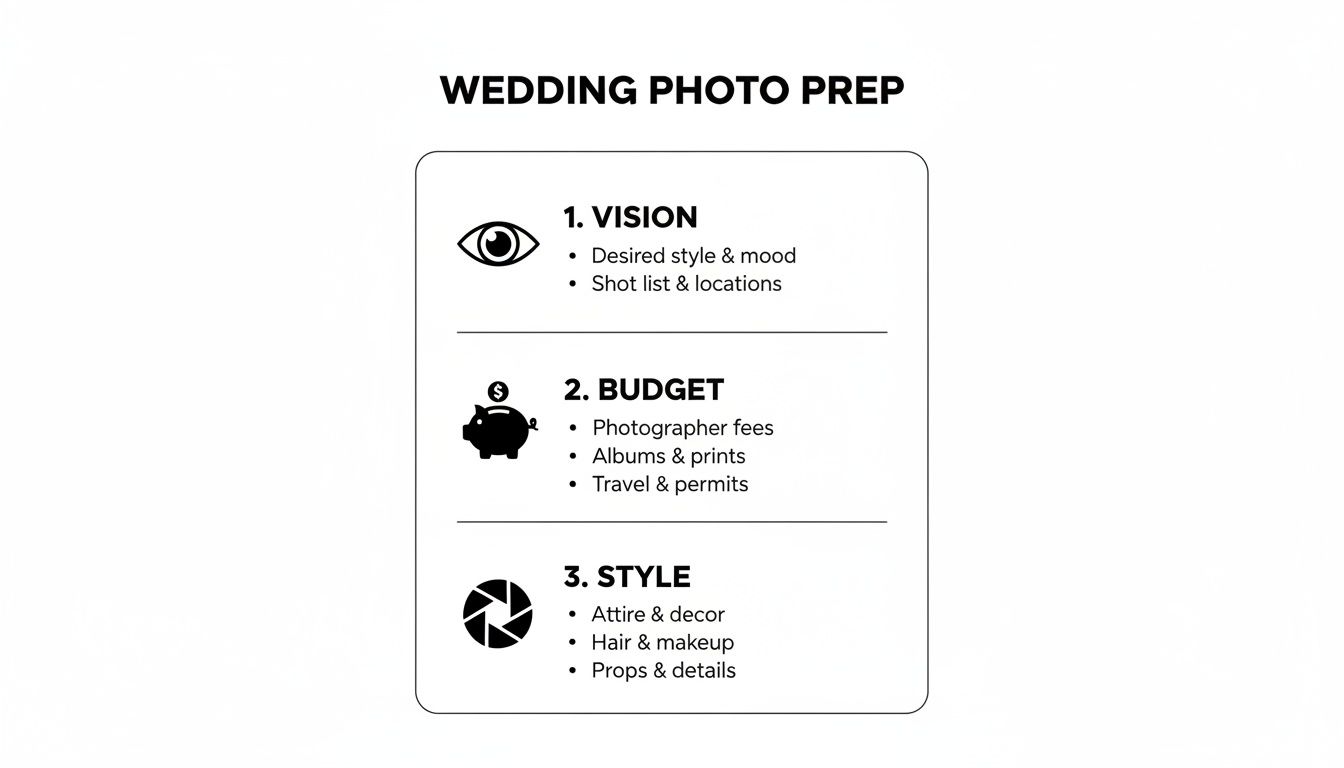 How to Find a Wedding Photographer That You Will Love 1 A three-step guide for wedding photo preparation, including vision, budget, and style elements.