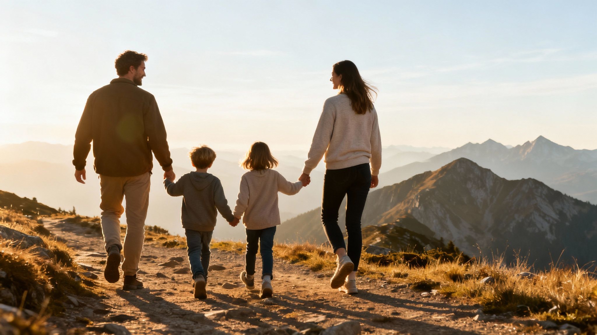 8 Unforgettable Candid Family Photo Ideas for 2025 5 A family of four walks hand-in-hand on a mountain path at sunset, enjoying the scenic view.