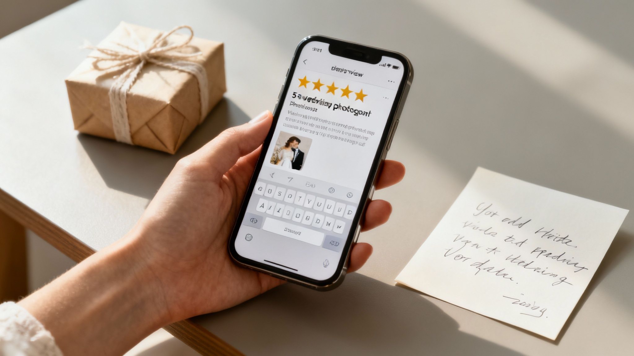 A couple looks thoughtfully at a wedding contract, appearing confused about the tipping section.