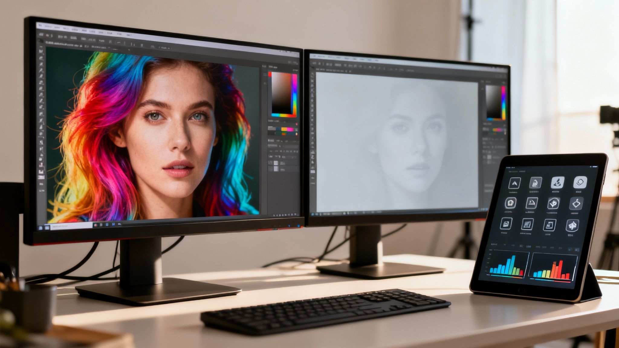 A photo editing workspace with dual monitors showing a colorful portrait and a grayscale version, plus a tablet.