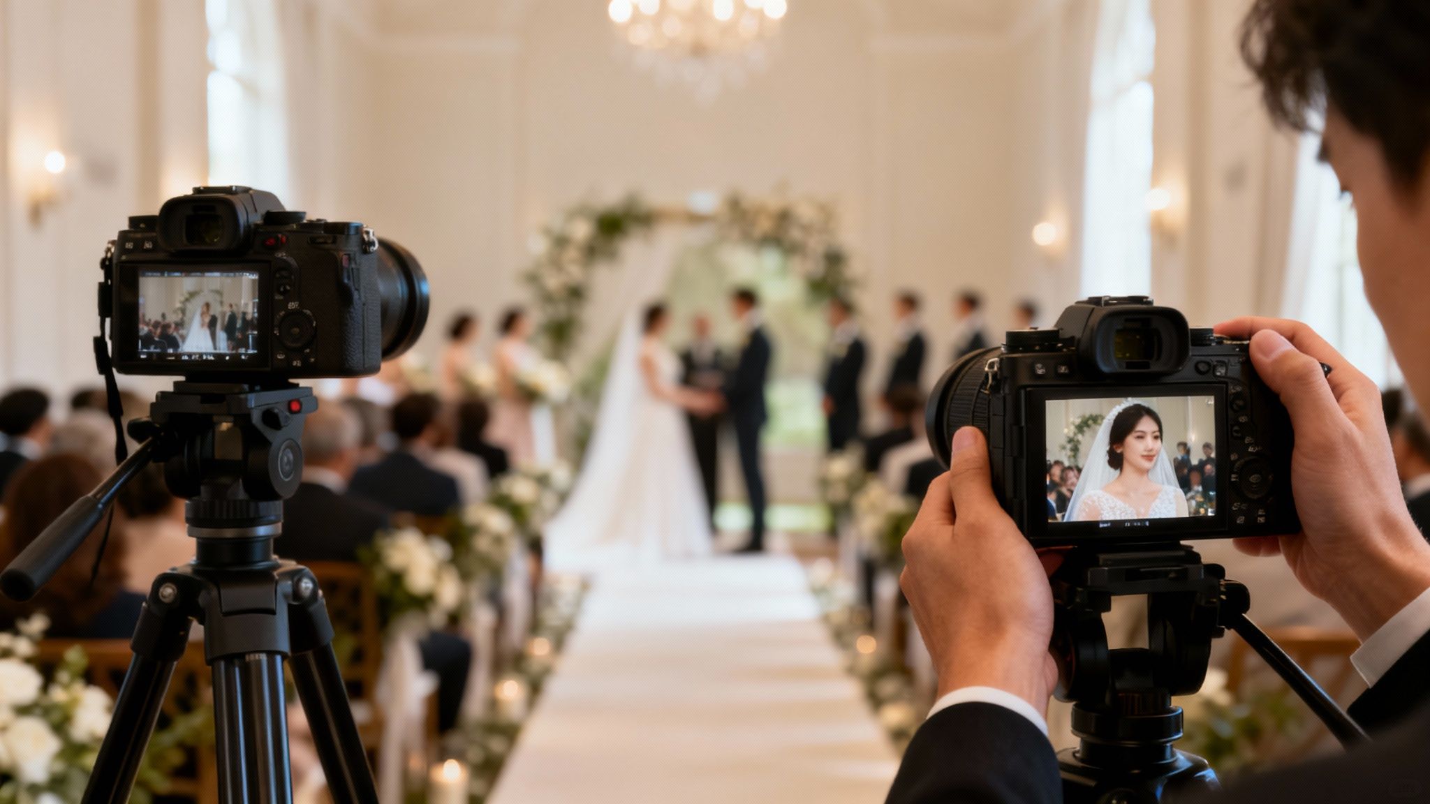 Photographers capturing a beautiful wedding ceremony with multiple cameras, showing the bride and groom.