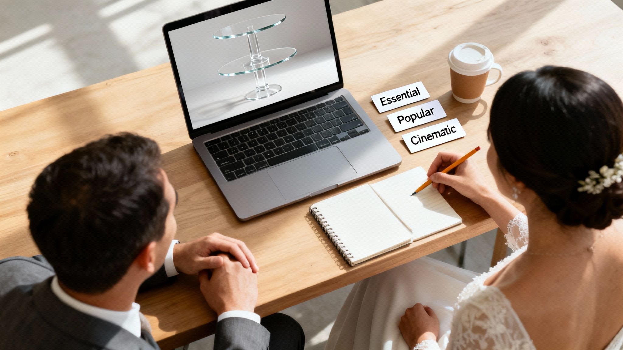 Overhead view of a couple, a bride and groom, planning their wedding with a laptop and notebook.