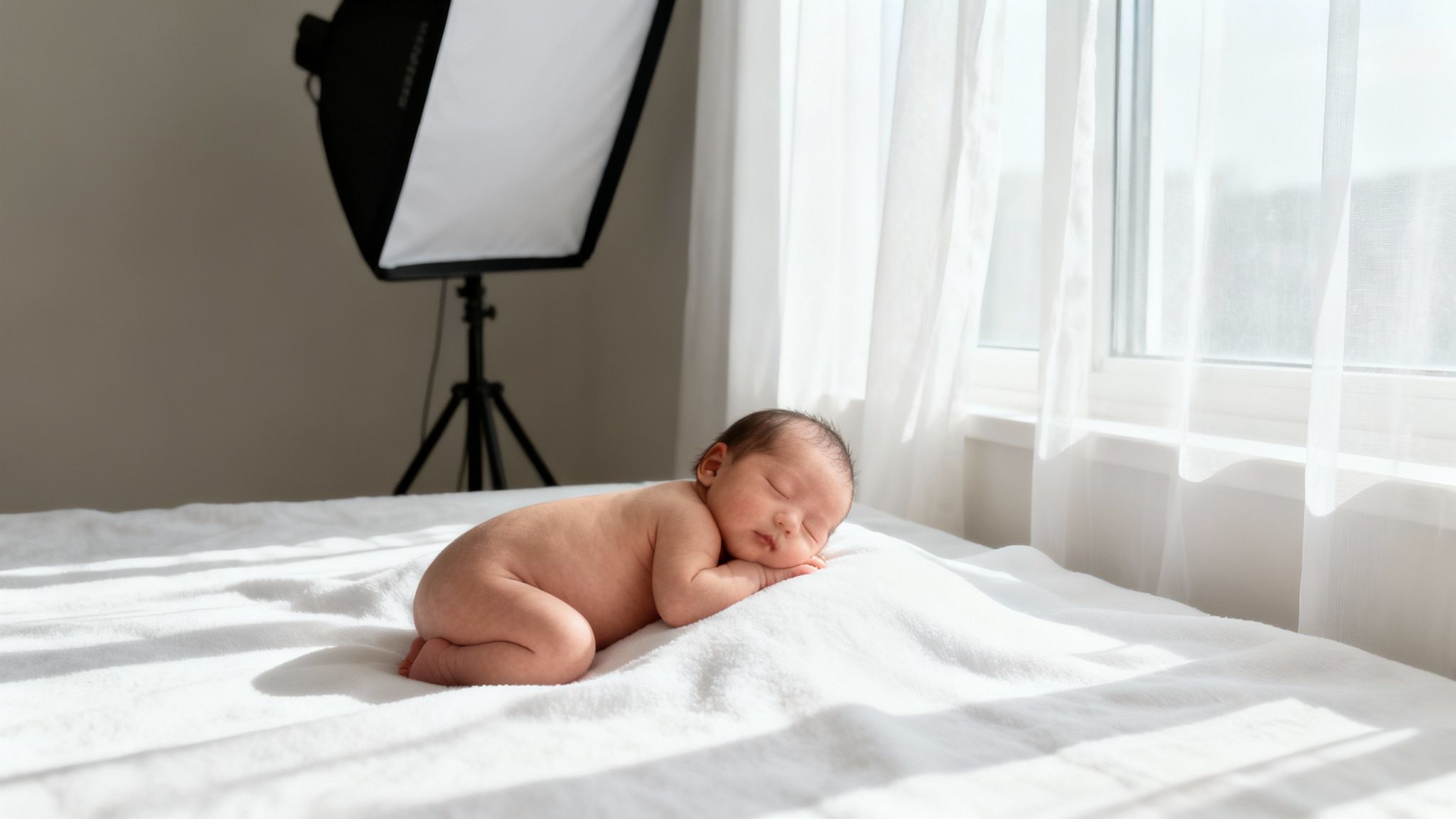 A peacefully sleeping newborn baby on a white blanket with a studio light and window.