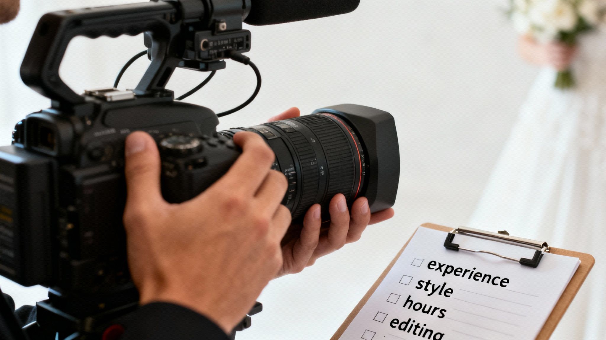 A videographer operates a professional camera while reviewing a checklist for wedding services, including experience, style, and editing.