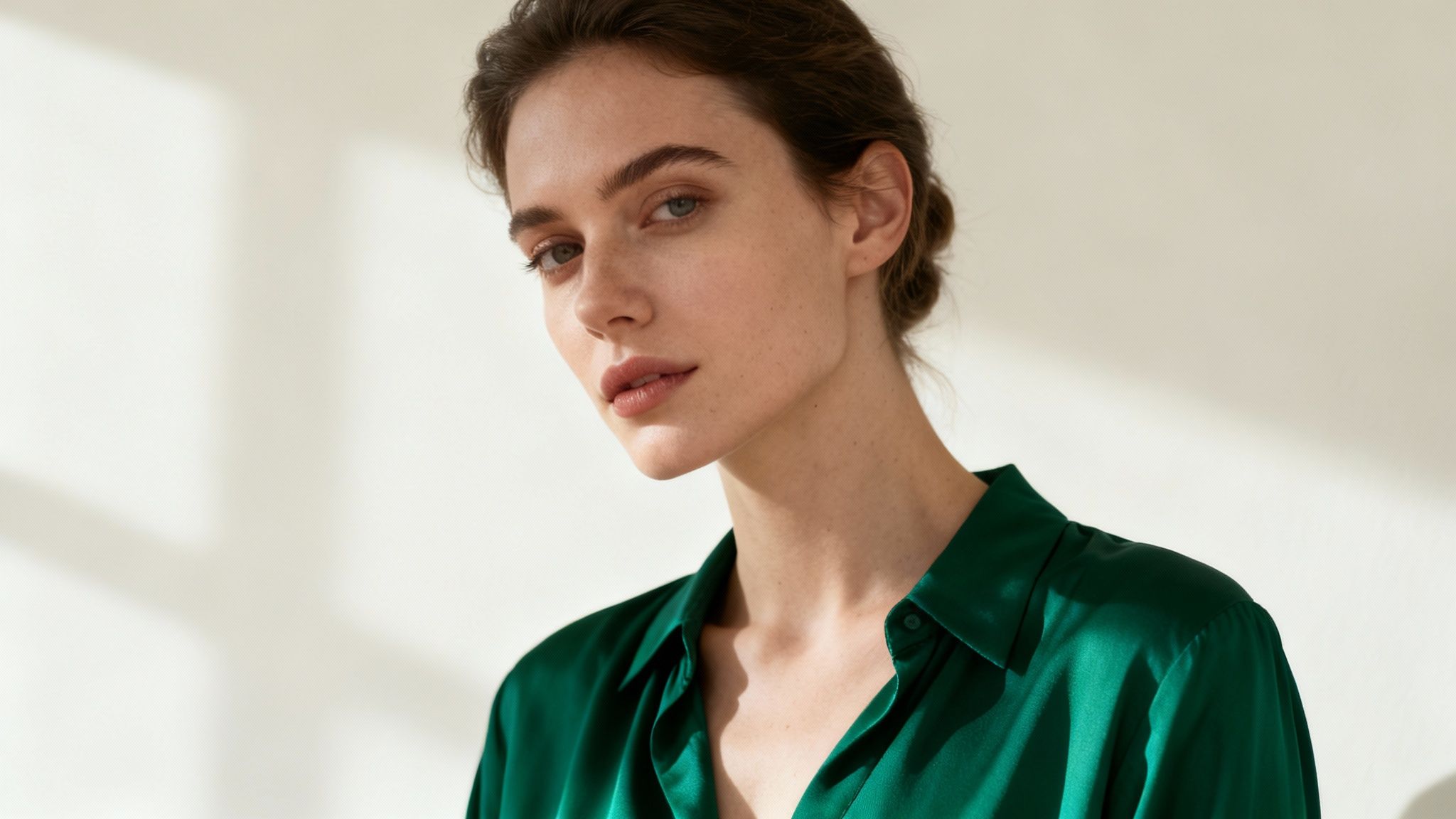 Woman in elegant emerald green silk blouse portrait in natural lighting
