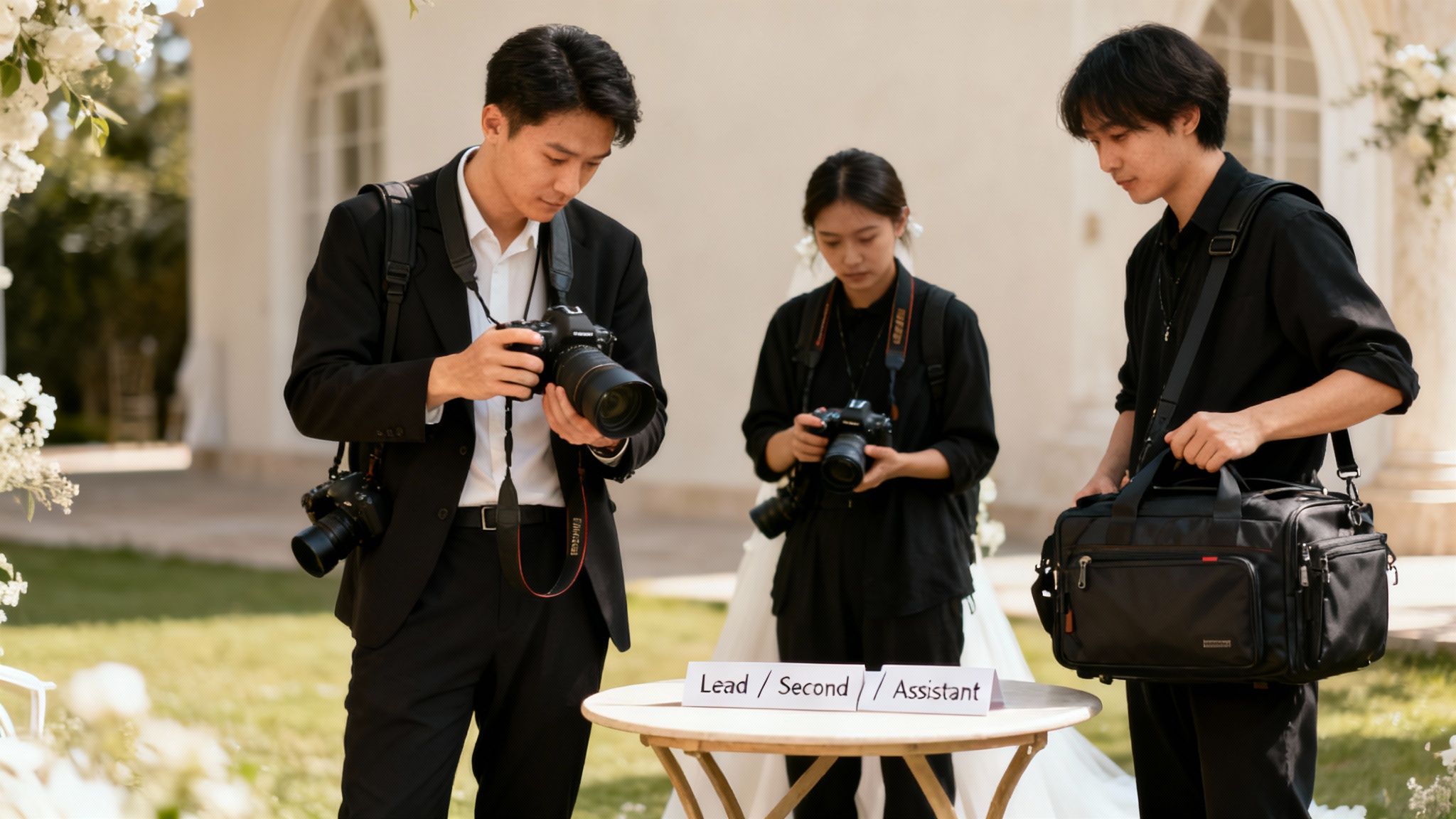 A close-up shot of a wedding photographer adjusting their camera lens during a reception.
