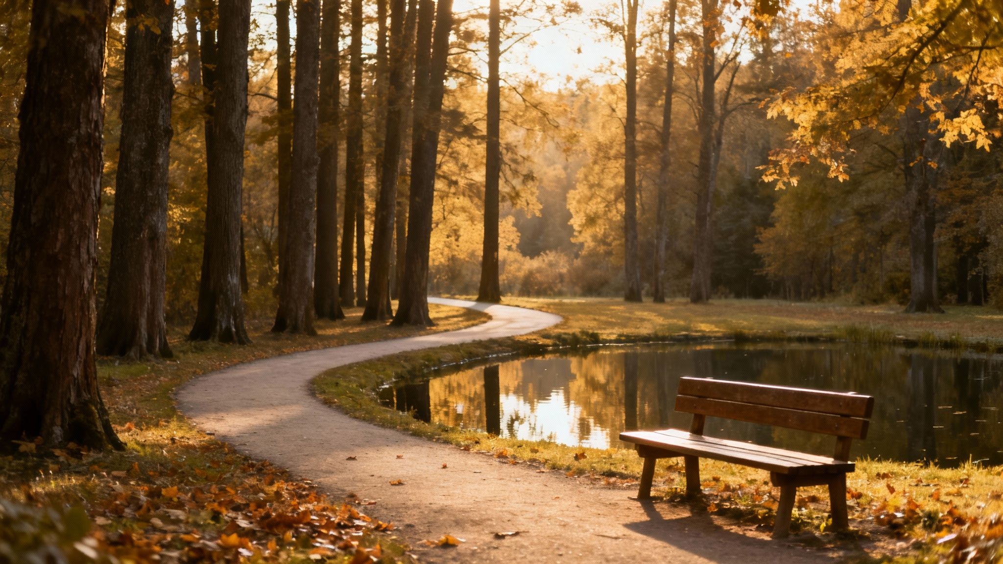 best photo locations near me: top spots for your shoot 1 A serene autumn park scene with a winding path, a reflective pond, tall trees, and a wooden bench in warm golden light.