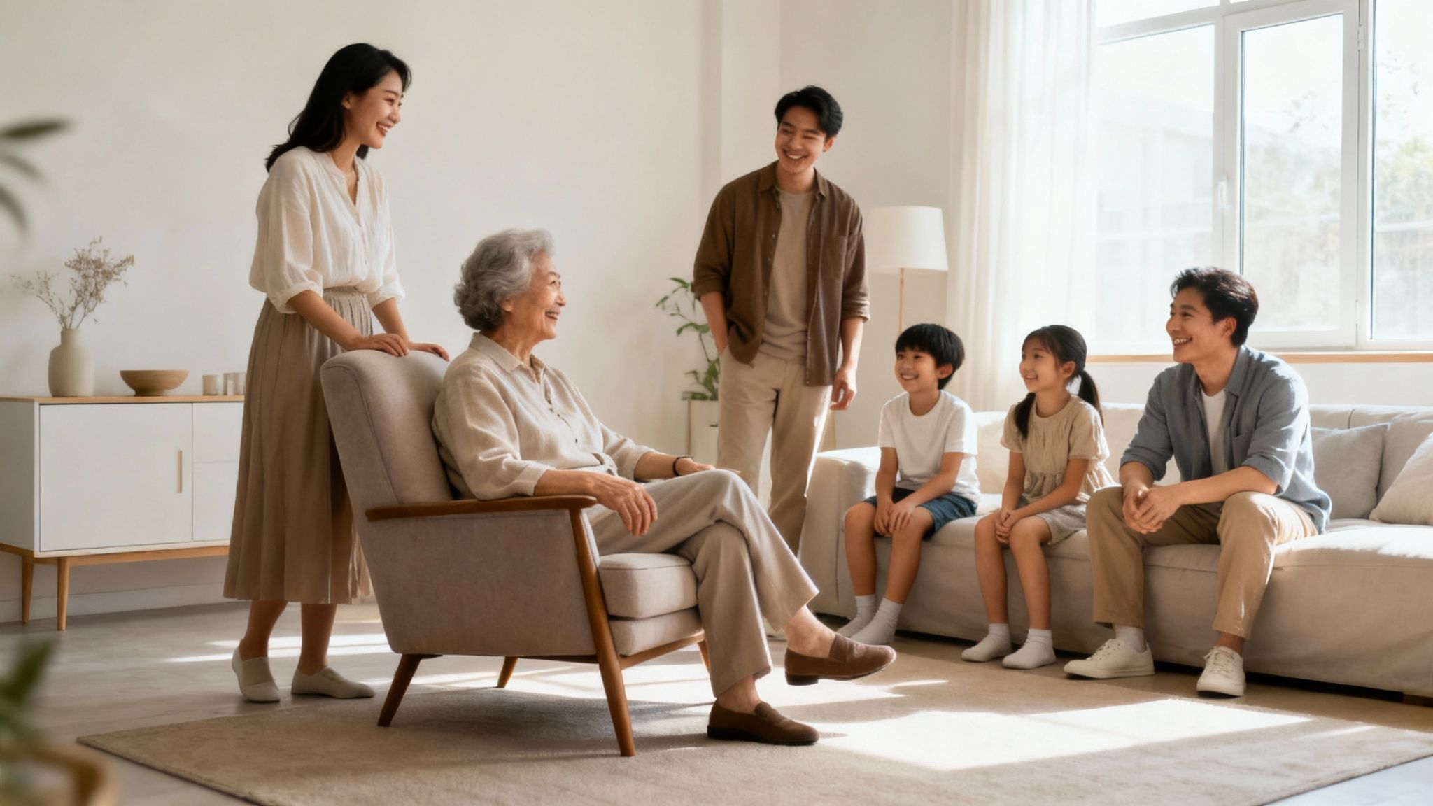 8 Unforgettable Candid Family Photo Ideas for 2025 9 A happy multi-generational Asian family smiles and talks in a bright, modern living room.