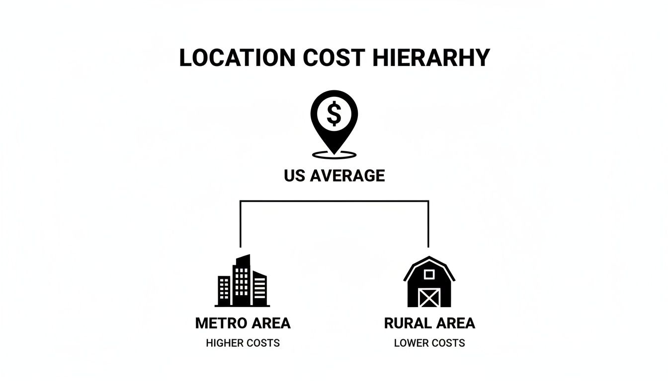 A diagram illustrating the location cost hierarchy, showing US average, metro area (higher costs), and rural area (lower costs).
