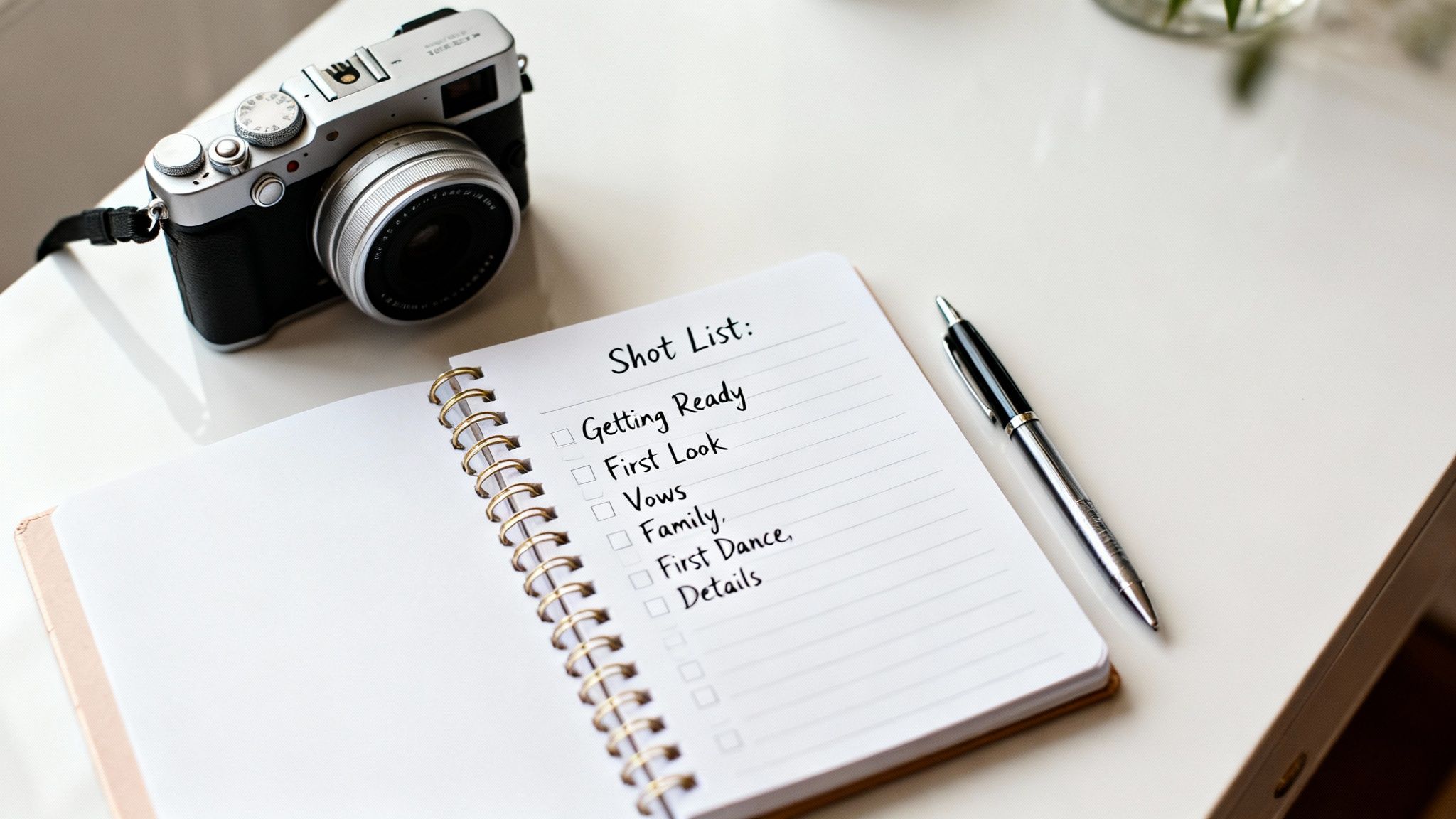 A silver camera, a pen, and an open notebook displaying a wedding 'Shot List'.