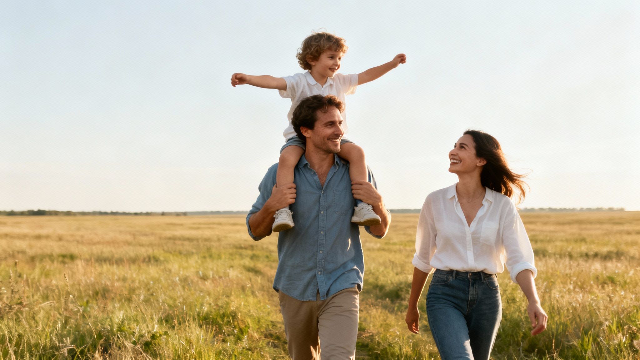 A happy family walks through a sunny golden field, father carrying child on shoulders.