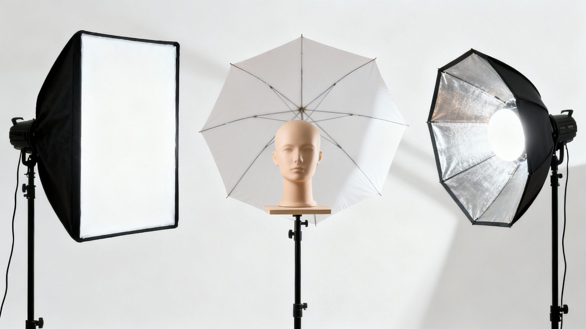 A mannequin head displayed in a photography studio with various lighting equipment, including softbox, umbrella, and reflector.