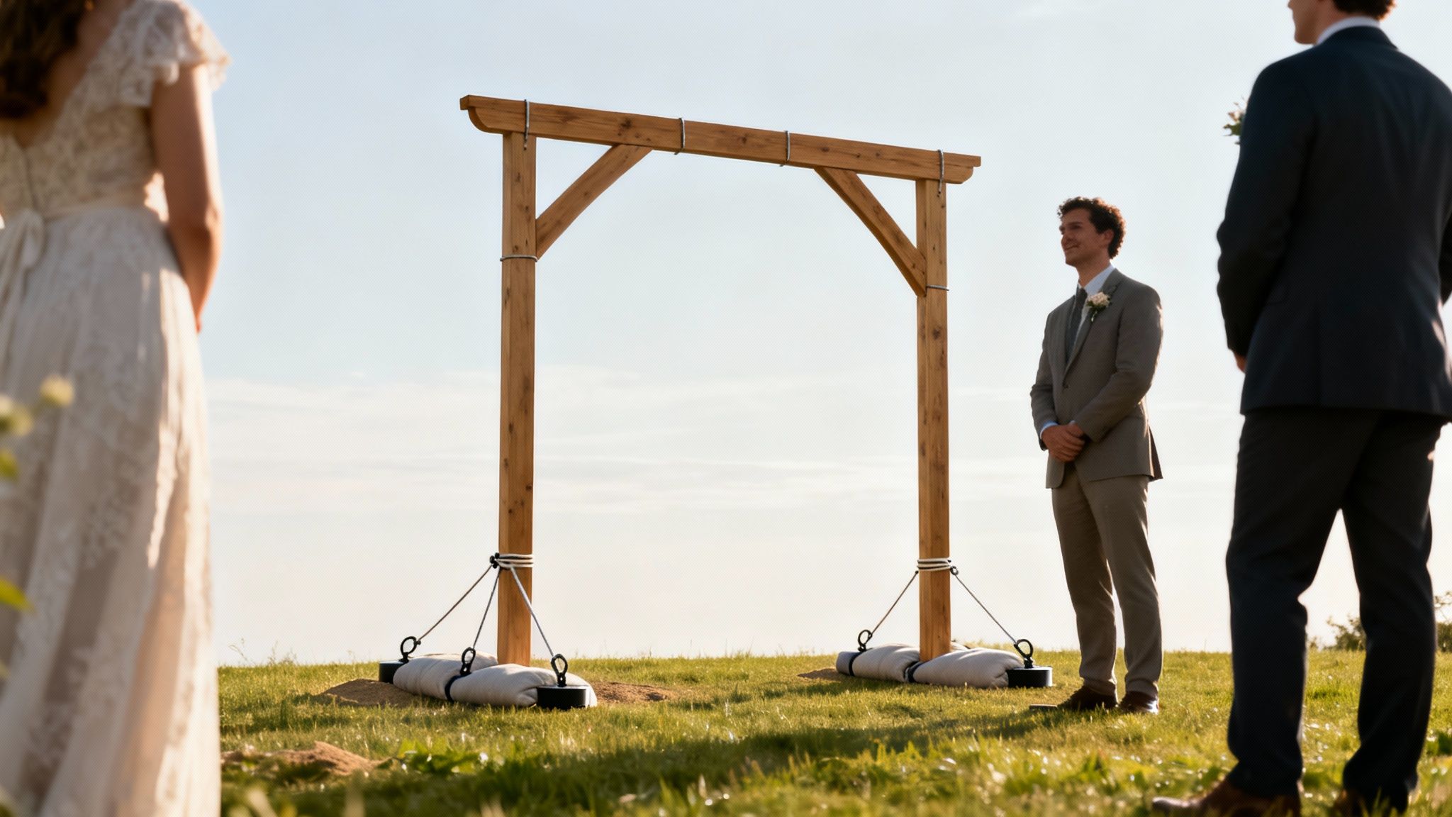 A groom smiles, standing beside a rustic wooden arch at an outdoor wedding ceremony.