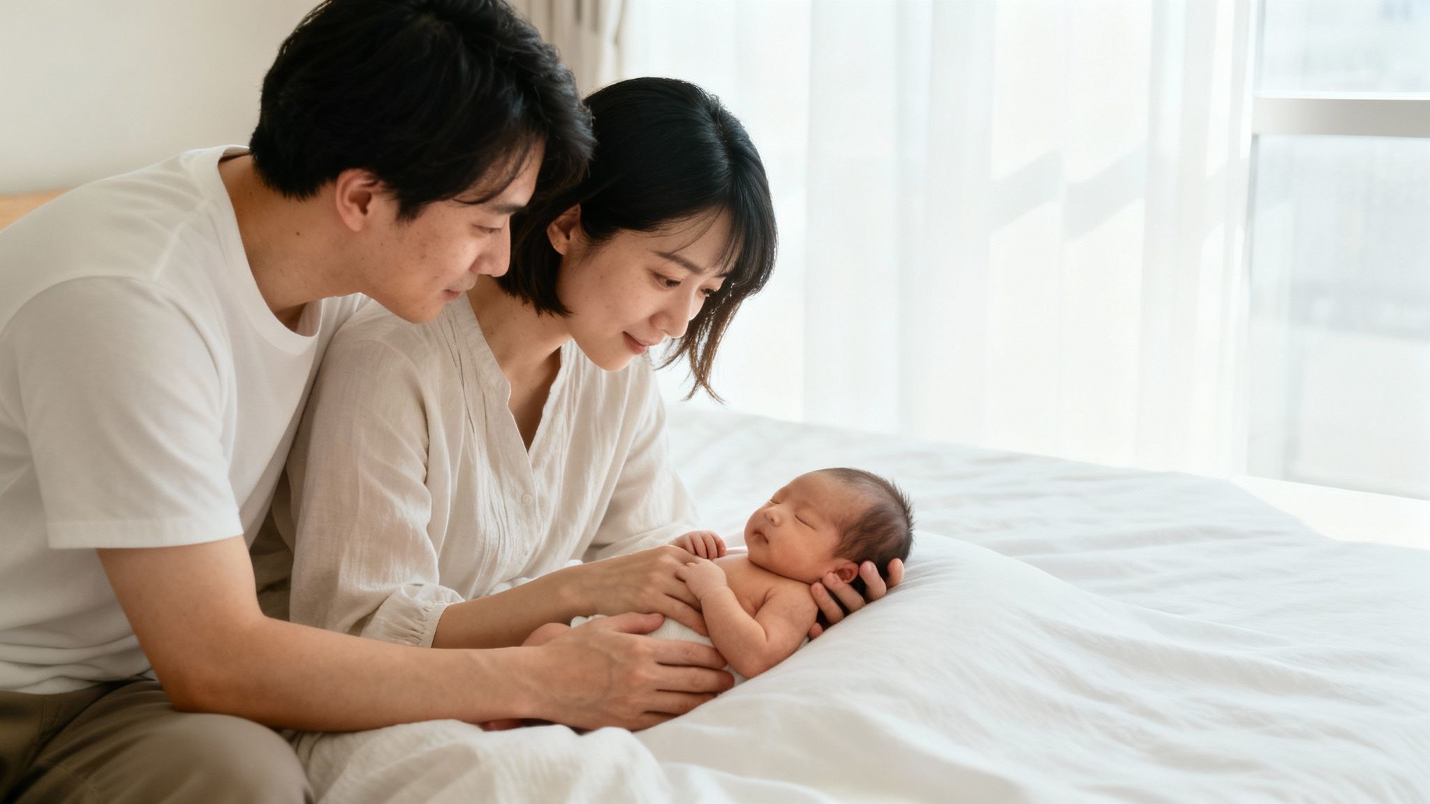 Loving parents gaze at their newborn baby sleeping peacefully on a white bed.