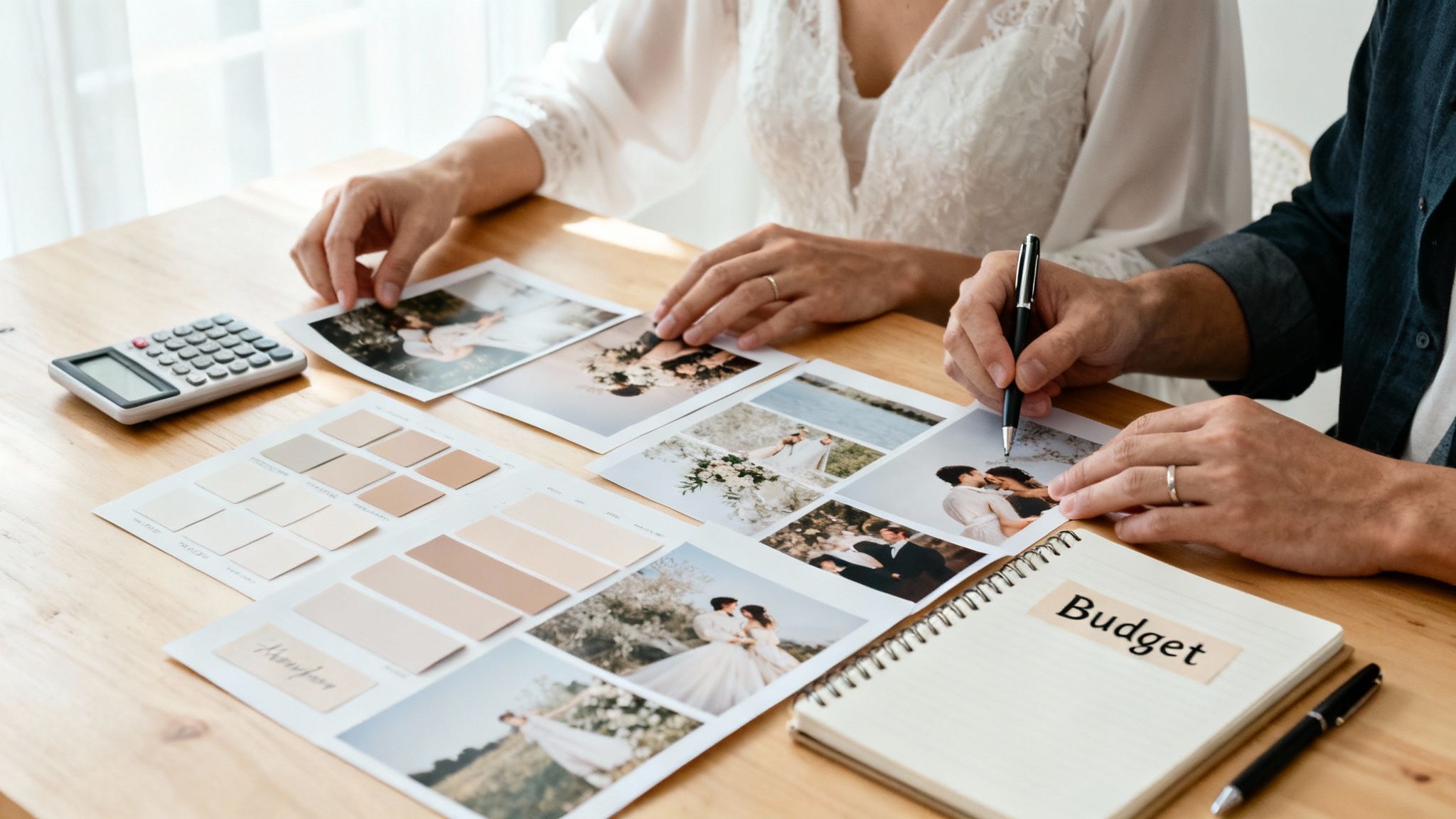 How to Find a Wedding Photographer That You Will Love 4 A couple reviews wedding photos and a budget planner on a wooden table.