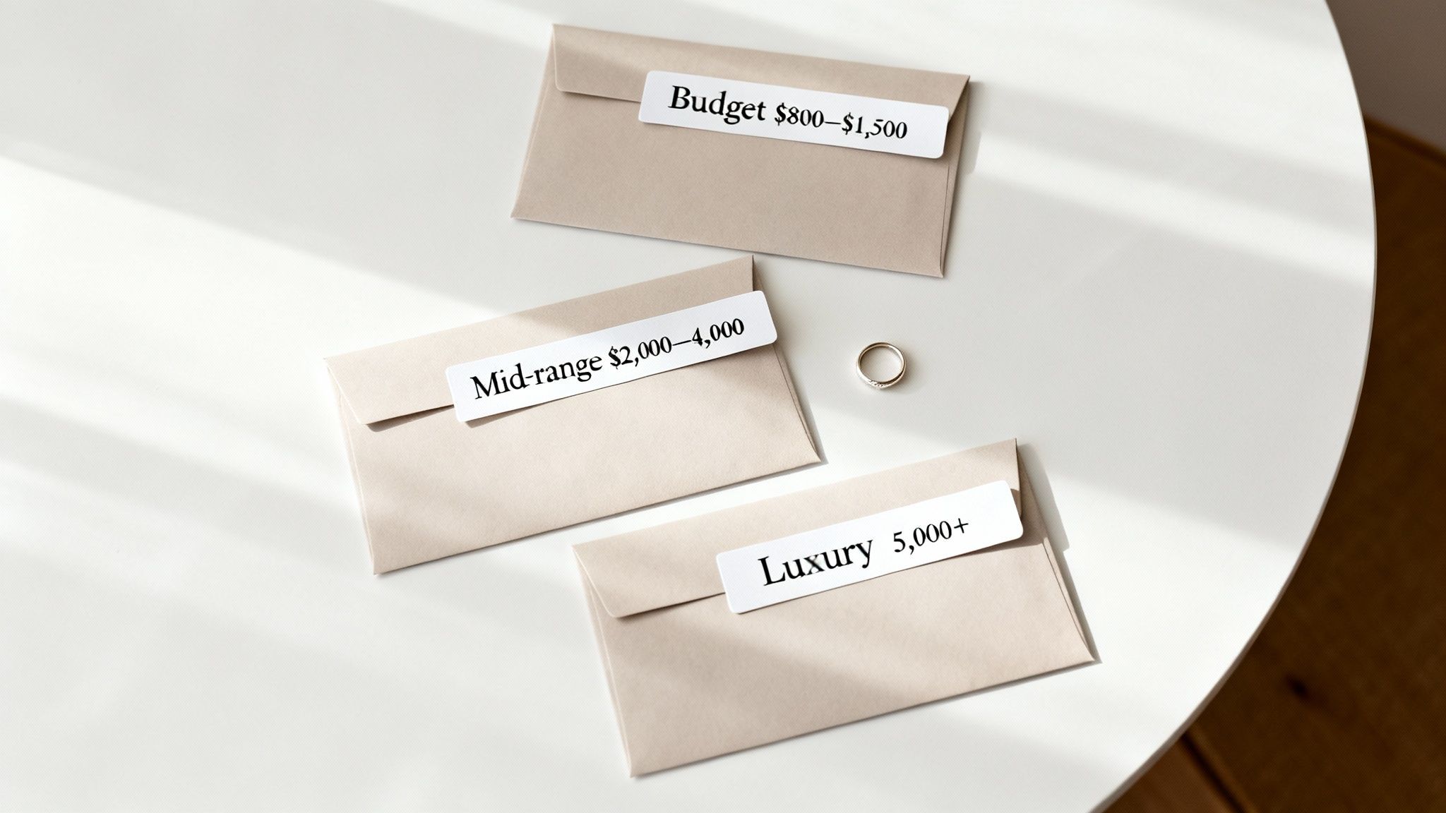 Three labeled envelopes on a white table representing budget tiers for wedding services, with a ring.