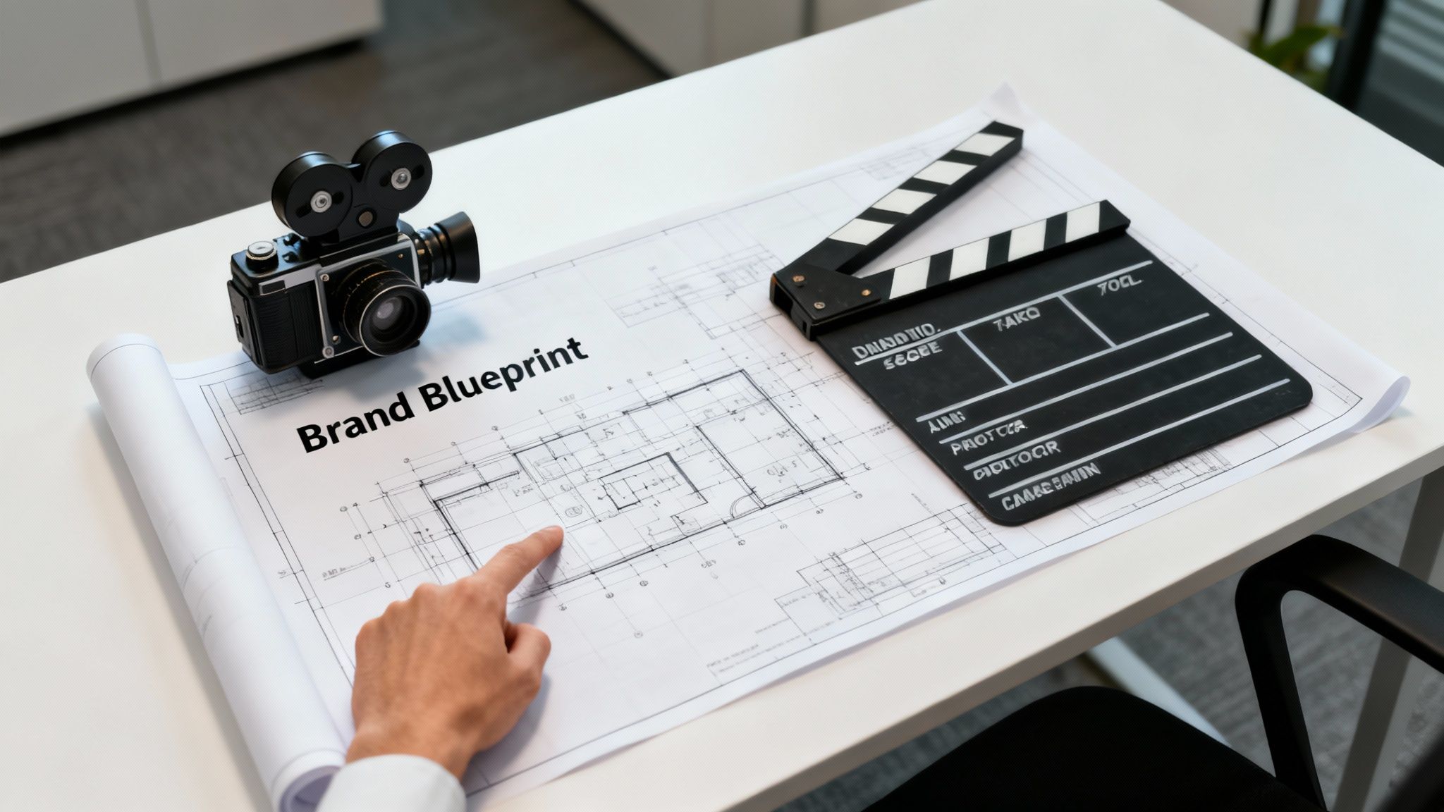 A hand points at a 'Brand Blueprint' on a desk next to a vintage film camera and clapperboard.