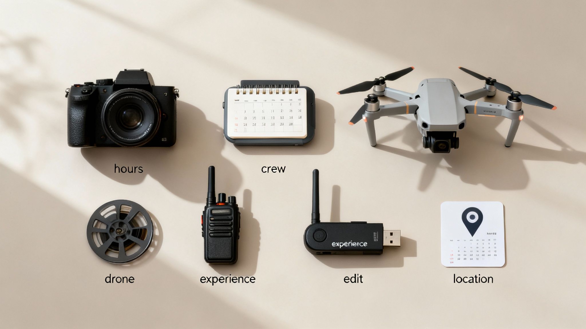 A flat lay of videography essentials including a camera, drone, calendar, walkie-talkie, film reel, and USB drive.