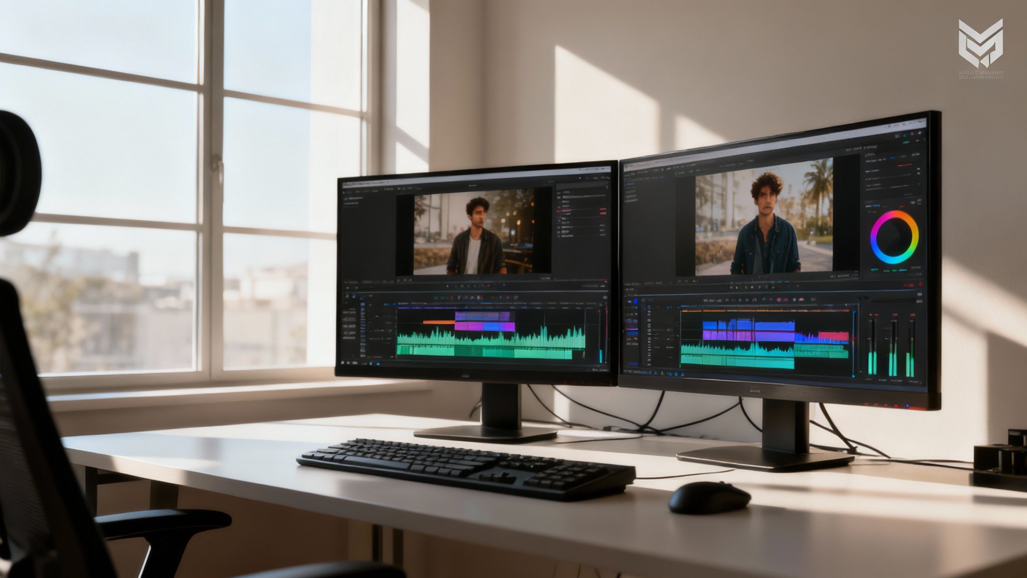 Editing suite with multiple monitors showing video timelines and color grading