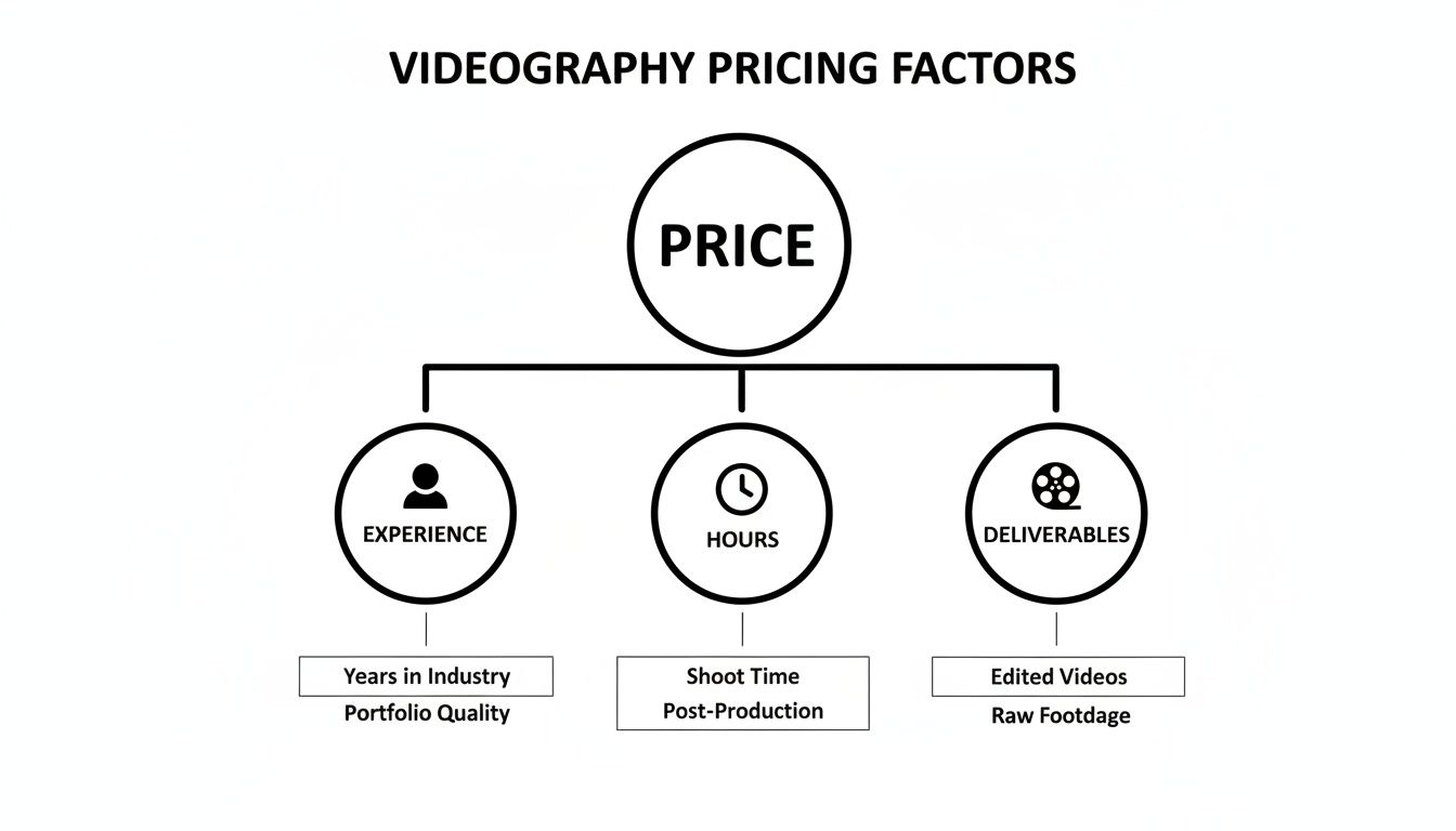 Diagram showing videography pricing factors: experience, hours, and deliverables affecting cost.