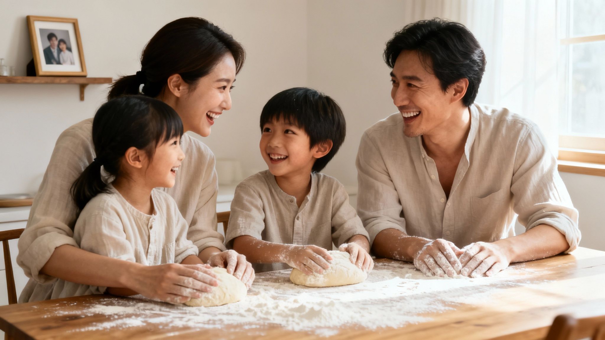 8 Unforgettable Candid Family Photo Ideas for 2025 1 A happy Asian family smiling while baking together, kneading dough on a flour-dusted wooden table.
