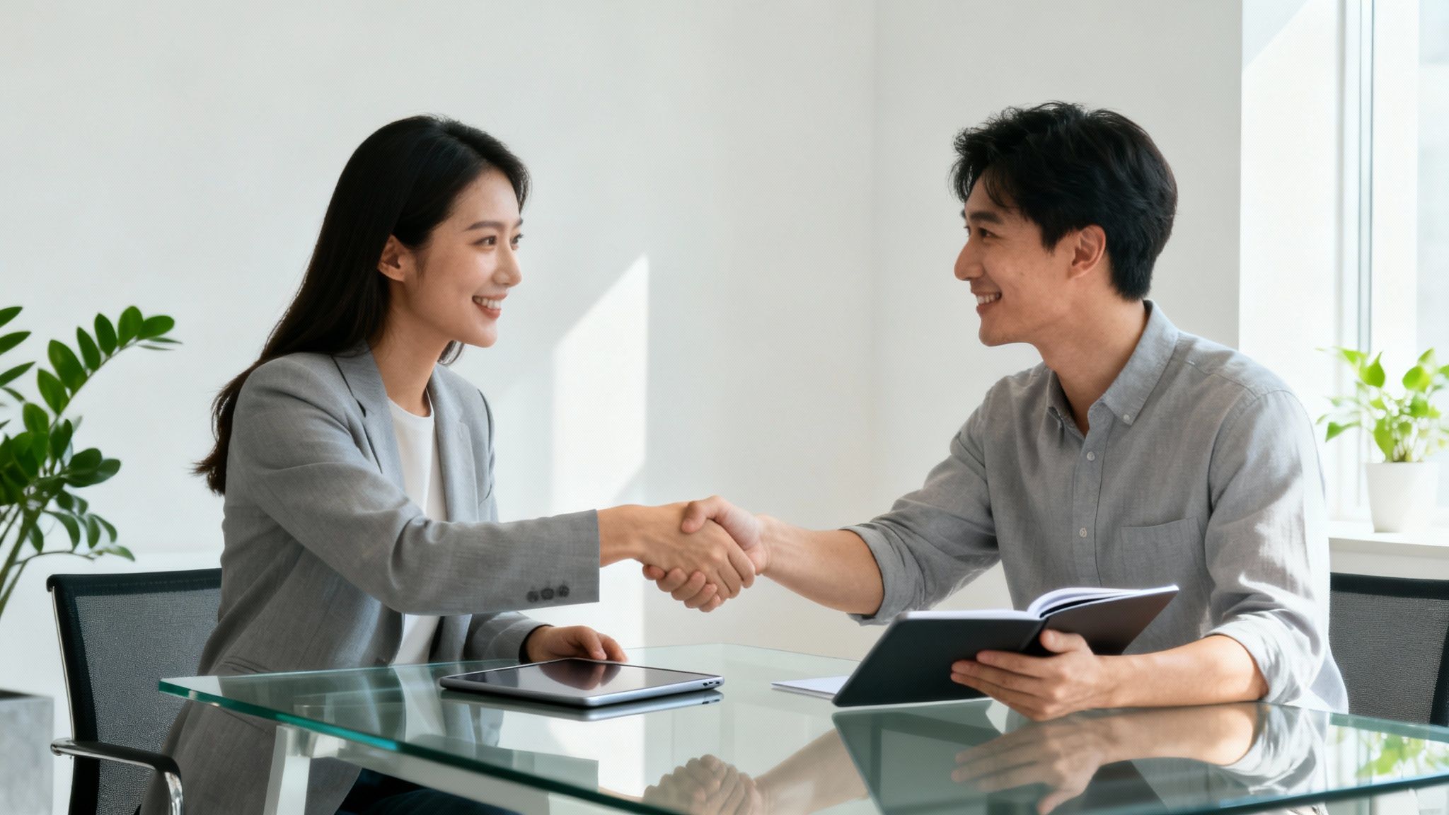 Two smiling business professionals, a man and a woman, shaking hands in a bright office.