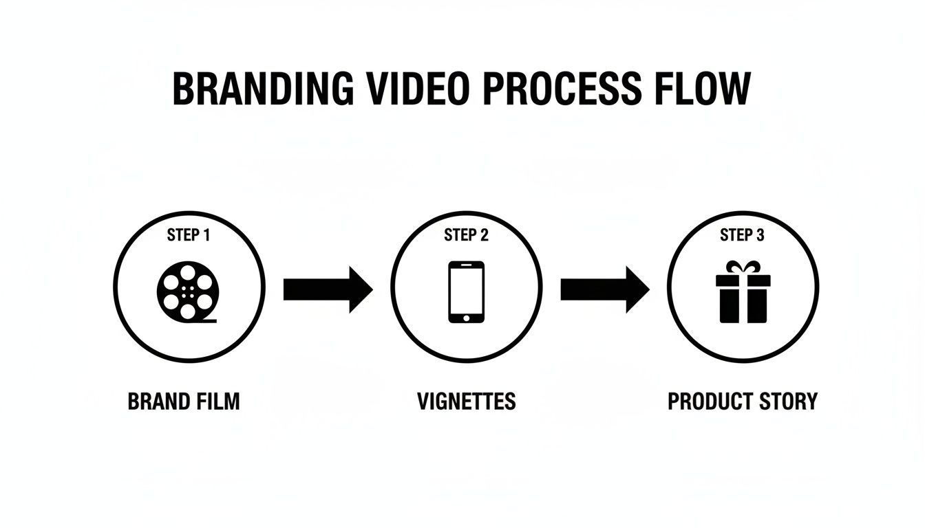 A branding video production process flow showing three steps: brand film, vignettes, and product story.