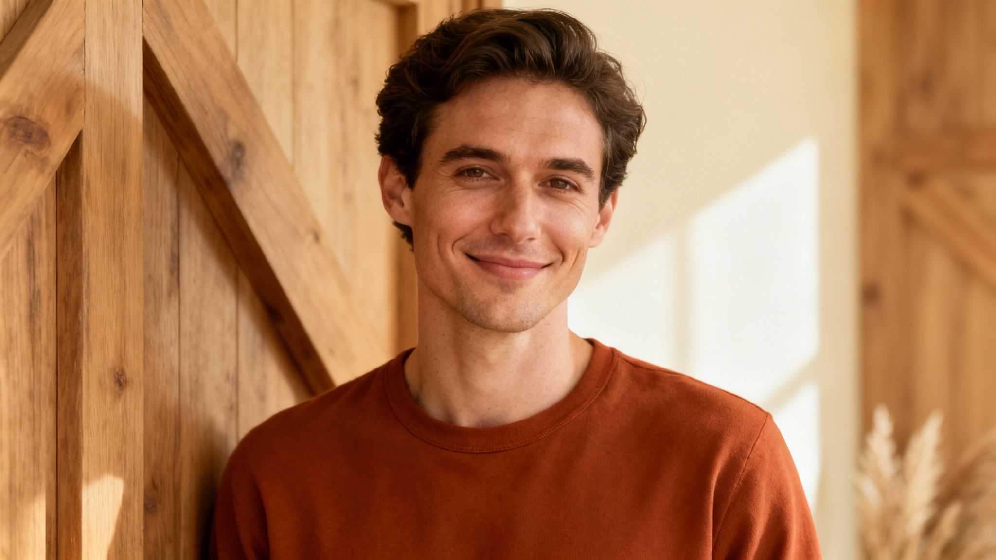 The 8 Best Colors to Wear on Camera in 2025 5 Young man smiling at camera wearing rust orange shirt in wooden interior setting