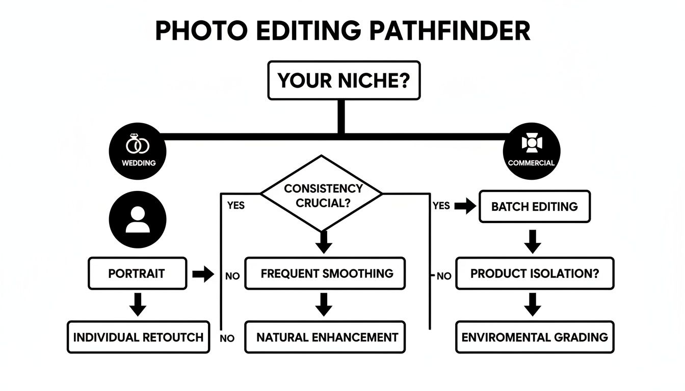 A photo editing flowchart helps users choose editing techniques based on niche and consistency needs.