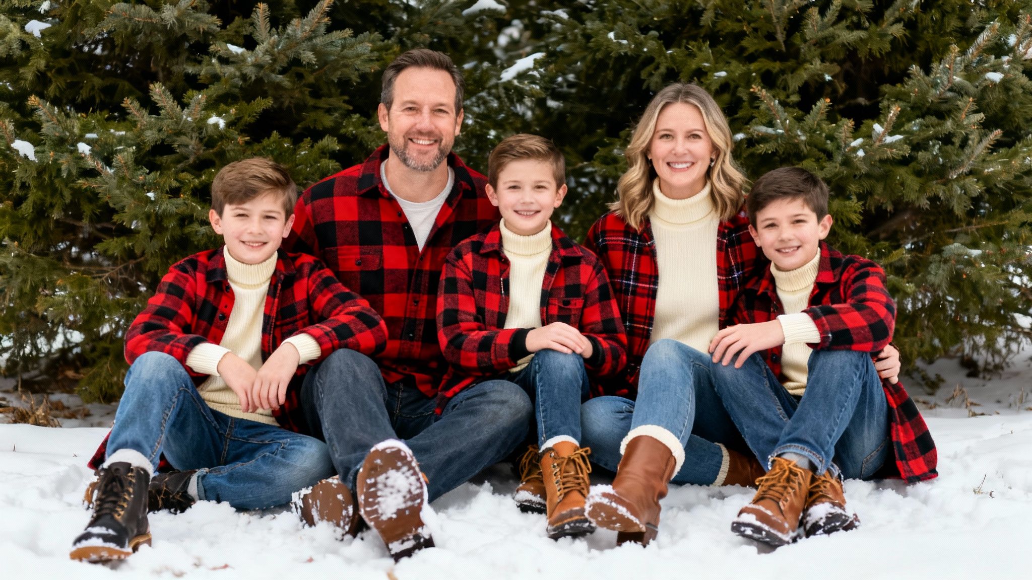 9 Cozy Family Picture Clothing Ideas for Winter 2025 7 A smiling family of five, dressed in matching red plaid shirts, sitting in the snow during winter.